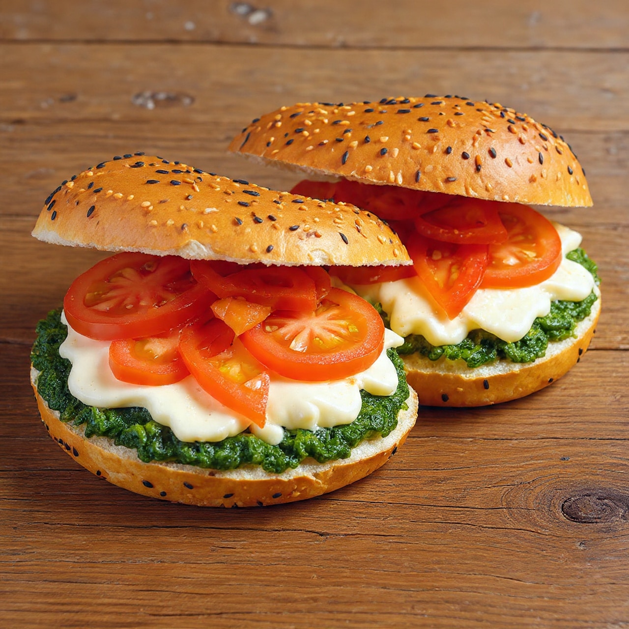 A sandwich is shown open on a white marbled surface with two halves of a sesame seed bagel visible. Each half has three main layers: a base of light yellow scrambled eggs with a soft texture, topped with bright orange melted cheddar cheese spread unevenly, and finished with small strips of crispy, dark brown bacon scattered over the cheese. The bagel is thick, with a golden brown crust and a soft white inner crumb. The photo is taken with an iphone --ar 4:5 --v 7