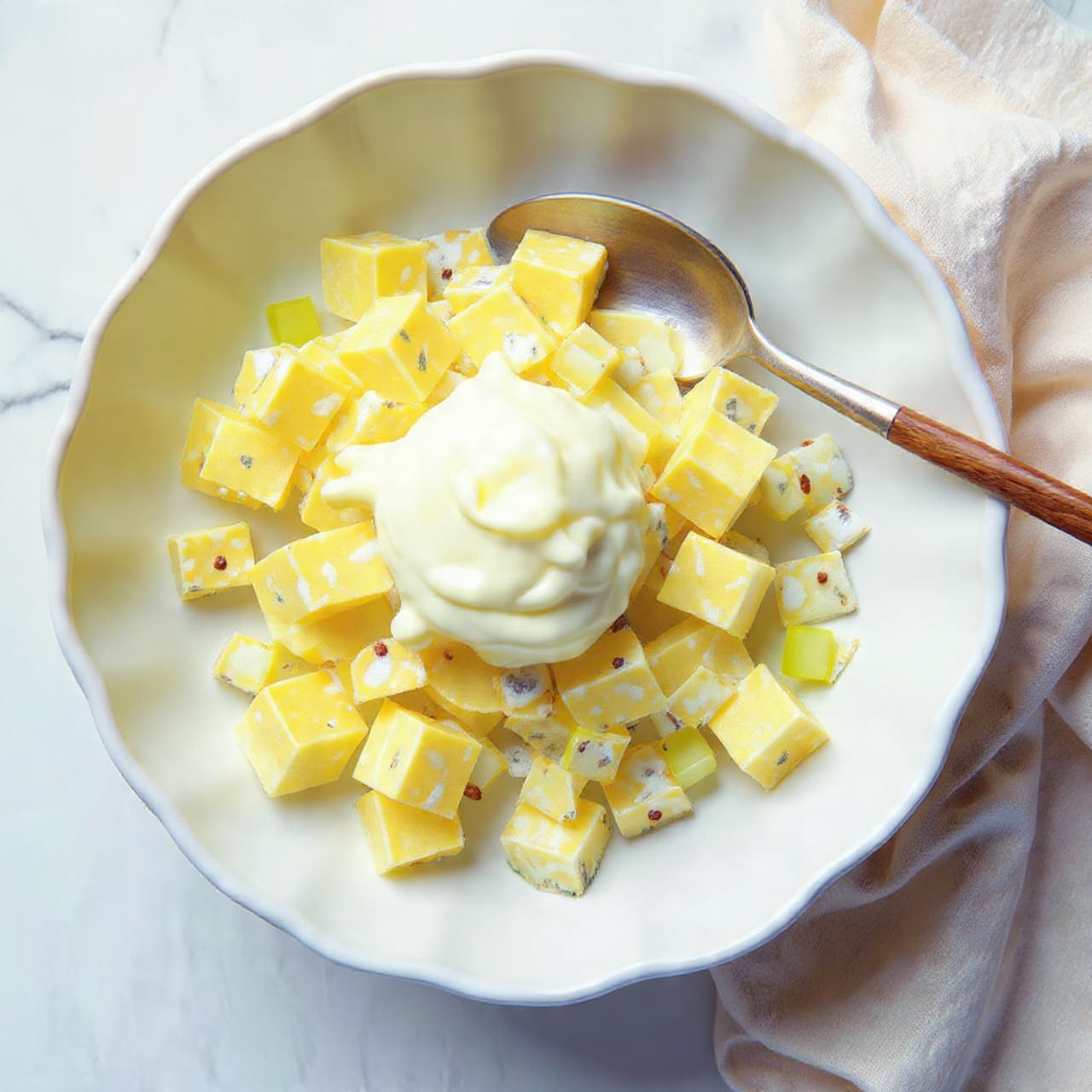 A close-up of a white scalloped bowl filled with a creamy salad composed of three main layers: pale yellow cheese cubes, light green celery pieces, and small bits of brown nuts, all coated in a thick white dressing. A dark silver spoon rests inside the bowl, with its handle extending outward. The bowl sits on a white marbled surface with a soft beige cloth partially visible nearby. Photo taken with an iphone --ar 4:5 --v 7