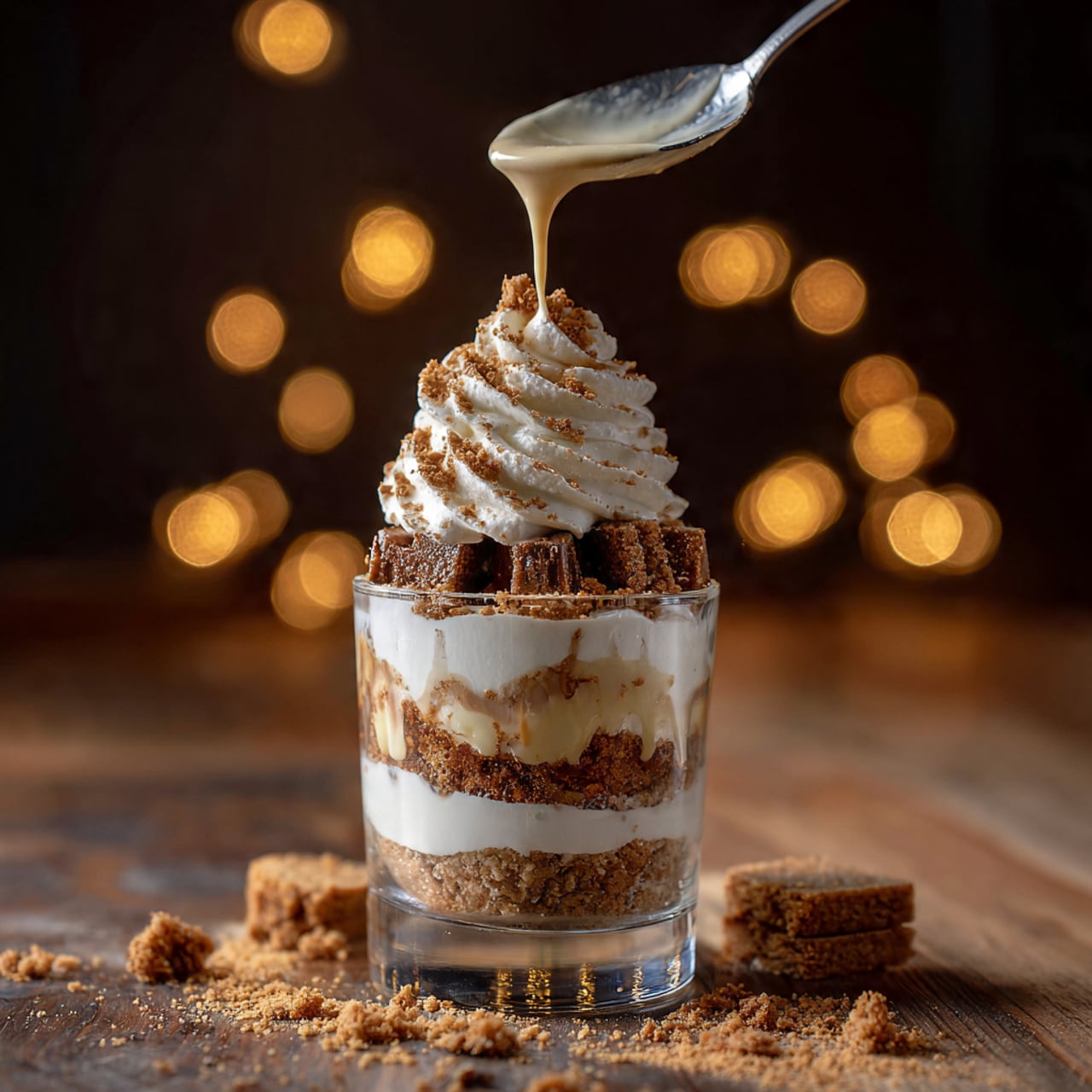 The image shows a clear glass with multiple layers of dessert placed on a wooden surface with scattered crumbs and spices around. The bottom layer is a light brown crumbly cookie base, followed by a thick white creamy layer. Above this, there is a darker brown cookie piece layer with some crumble. Next comes a light creamy layer, and on top is a tall swirl of white whipped cream sprinkled with brown crumbs. A metal spoon held above is pouring a light caramel or cream liquid onto the whipped cream. The background is dark with round warm yellow lights blurred softly, giving a cozy feel. The photo taken with an iphone --ar 4:5 --v 7