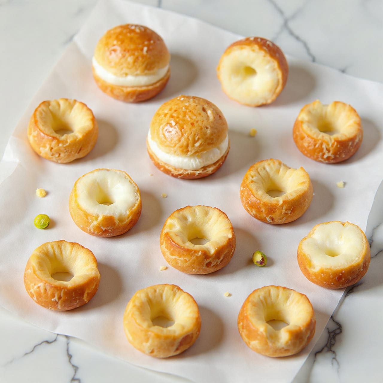 The image shows multiple small round cheese bread pieces arranged on white baking paper over a white marbled surface. Each piece is golden brown on the outside with a slightly rough texture, and many have hollow centers showing a light, airy inside with a pale yellow color. Some bread pieces are whole and puffed up, while others are split open to reveal the hollow inside, creating a mix of round tops and open rings scattered evenly across the frame. Small bits of cheese are visible on the paper and the surface, adding a textured detail. The lighting is soft and natural, emphasizing the crisp and airy qualities of the bread pieces photo taken with an iphone --ar 4:5 --v 7