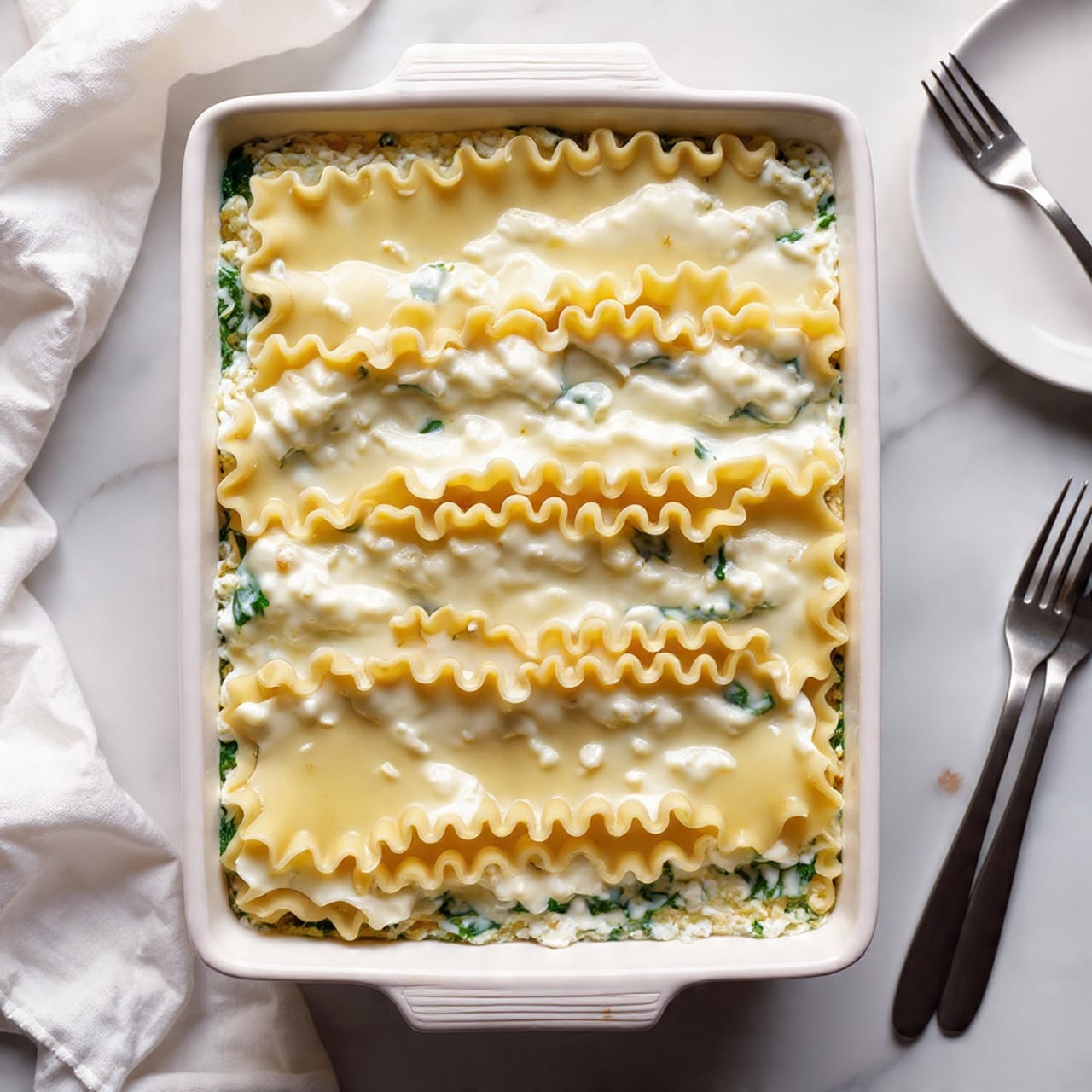 The dish shows four long layers of golden-brown baked pasta sheets with a slightly rough texture, laid side by side in a white baking dish. Underneath the pasta sheets, a creamy white sauce mixed with visible green spinach leaves creates a thick base layer. The edges of the pasta have a wavy, slightly curled pattern, and the top surface has a crisp, browned finish. The scene is set on a white marbled surface with a white cloth and a white plate with two silver forks on the side. photo taken with an iphone --ar 4:5 --v 7