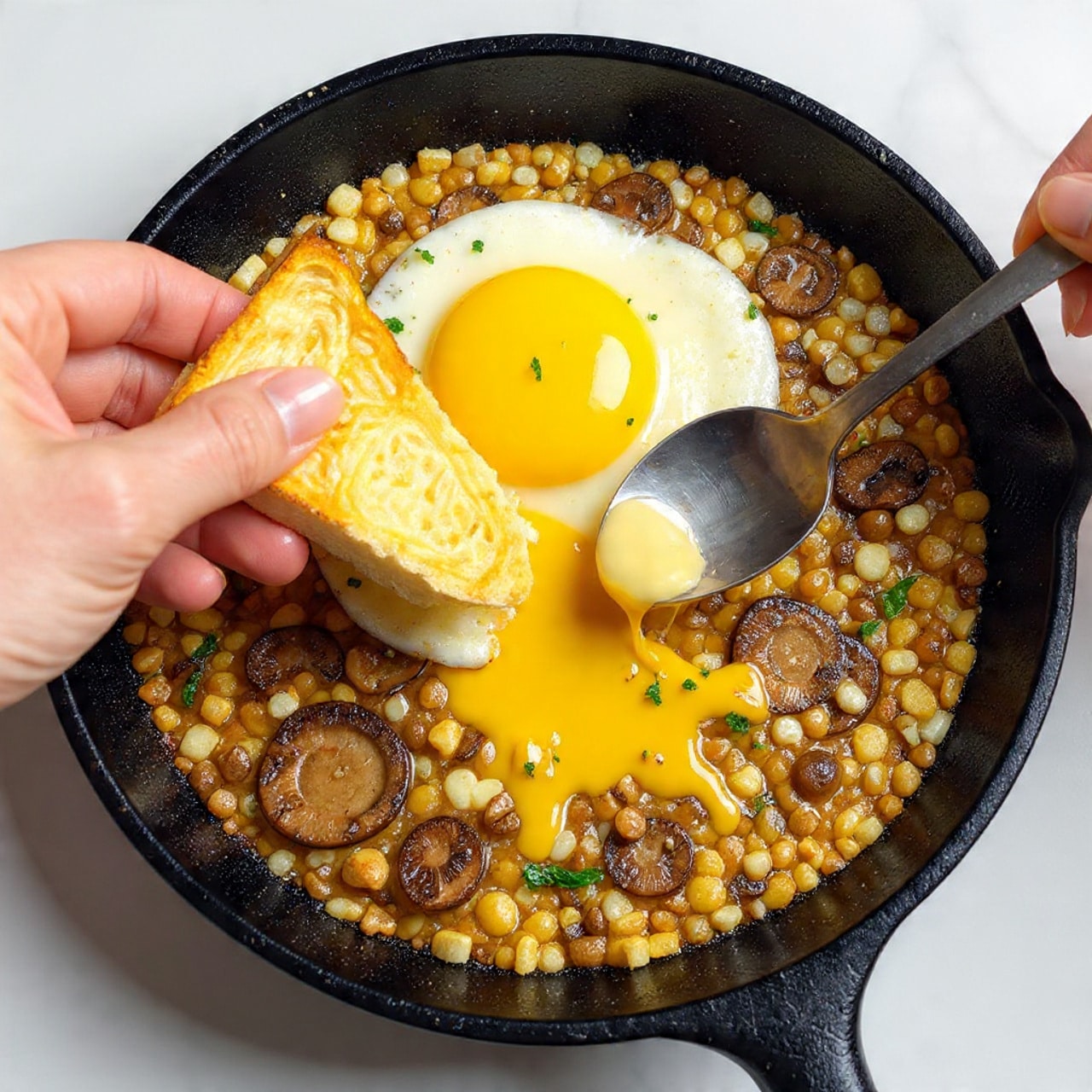 A close-up view of a black skillet filled with cooked mushrooms and leafy greens, layered with melted cheese that is soft and creamy, slightly browned on top. At the center is a sunny-side-up egg with a bright yellow yolk, partially runny and spilling onto the other ingredients. On the edge of the skillet, a toasted slice of golden brown bread is dipped into the egg yolk by a woman's hand holding a metal spoon. The skillet sits on a white marbled surface, creating a clean and bright background. photo taken with an iphone --ar 4:5 --v 7