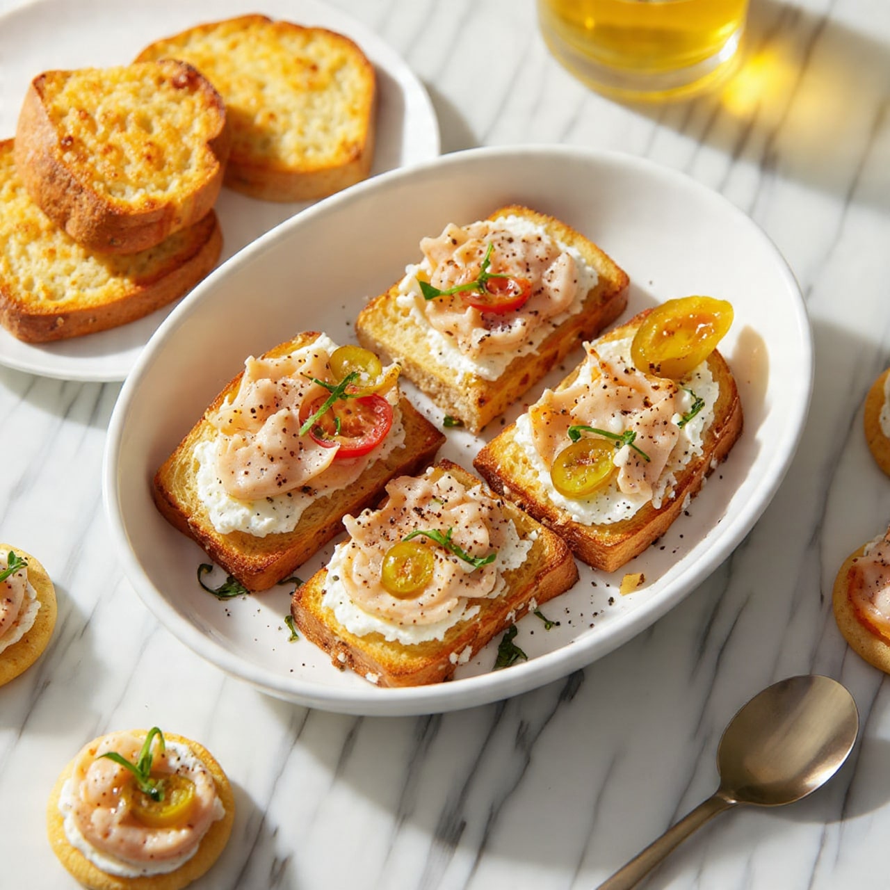 A white oval dish holds several toasted slices of crusty bread topped with layers of creamy white spread, tender pieces of cooked white meat, halved bright red cherry tomatoes, small chunks of green pickles, and fresh green basil leaves, all lightly seasoned with black pepper. Around the dish, a few more pieces of toasted bread and bite-sized appetizers with the same toppings sit on a white marbled surface, while a silver spoon rests on the edge of the dish, scooping up some of the mix. A glass of golden liquid is blurred in the background. Photo taken with an iphone --ar 4:5 --v 7