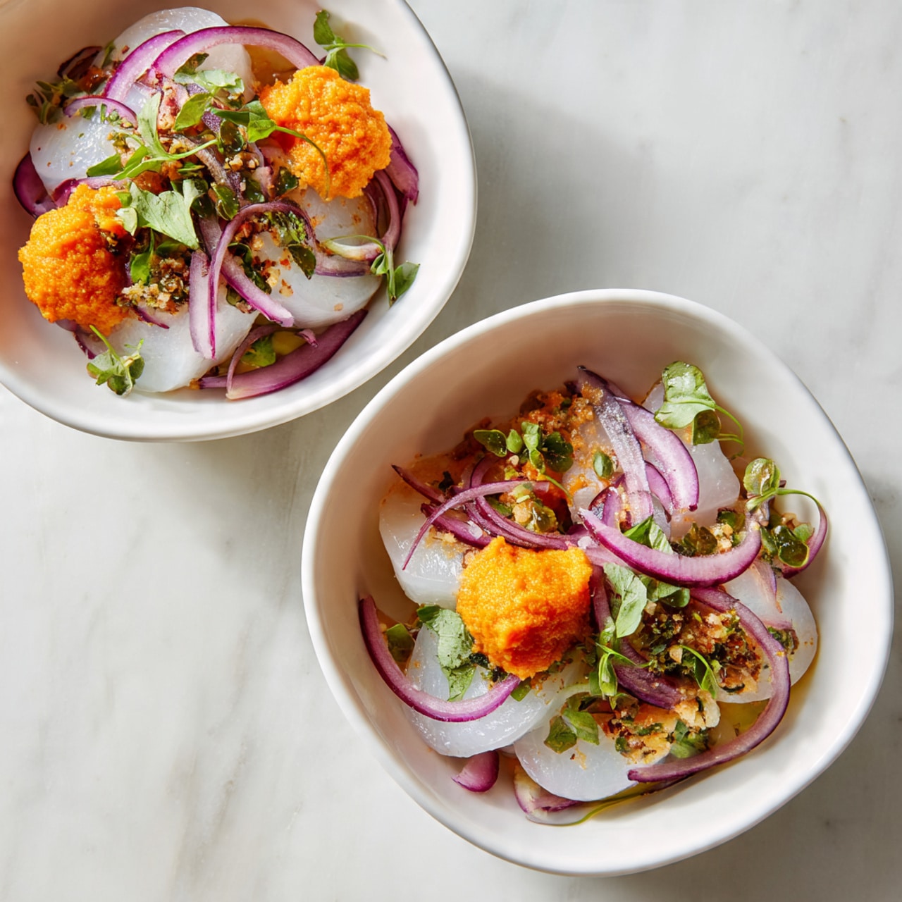 The dish shows two white square bowls on a white marbled surface. Each bowl contains a mixture of thin, round white slices of vegetables or fruit, topped with thin purple onion slices and small green herbs scattered on top. On the side of each bowl, there are two round orange mashed scoops placed inside. The textures look soft and fresh, with a bright and light color palette. The photo is taken with an iphone --ar 4:5 --v 7