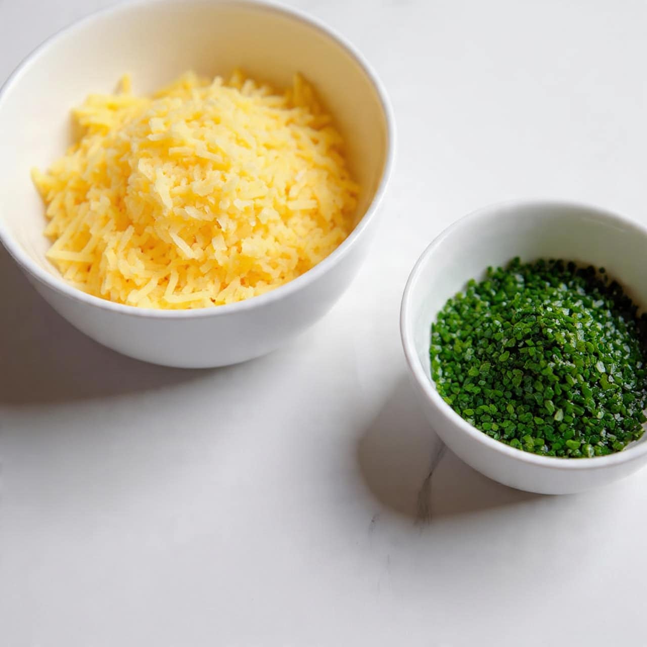 A close-up image of two white bowls on a white marbled surface; the top larger bowl is filled with light yellow shredded cheese with a soft texture, and the smaller white bowl below contains finely chopped vibrant green herbs. The bowls are simple and clean in design, highlighting the fresh ingredients inside, photo taken with an iphone --ar 4:5 --v 7