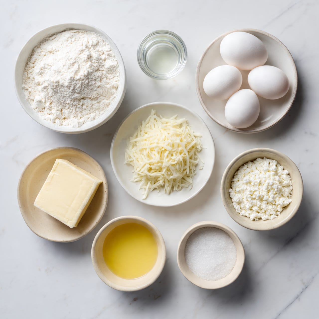 A top view of a collection of cooking ingredients placed neatly on a white marbled surface. There are 10 containers in total arranged in a roughly circular pattern: a large white bowl full of white flour at the top left; a small clear glass cup with a small amount of clear liquid at the top center; a white bowl holding five white eggs at the top right; a white saucer with a square block of light yellow butter to the right center; a medium white bowl with shredded white cheese in the center; a small white bowl with a yellow liquid near the left center; a small beige bowl with a white solid substance near the bottom left; a small beige bowl with white cottage cheese near the bottom right; a small beige bowl with white salt near the left edge; and a tiny white bowl with a small amount of light yellow liquid near the bottom right corner. The containers vary in size and shape but all keep a natural and simple style. photo taken with an iphone --ar 4:5 --v 7