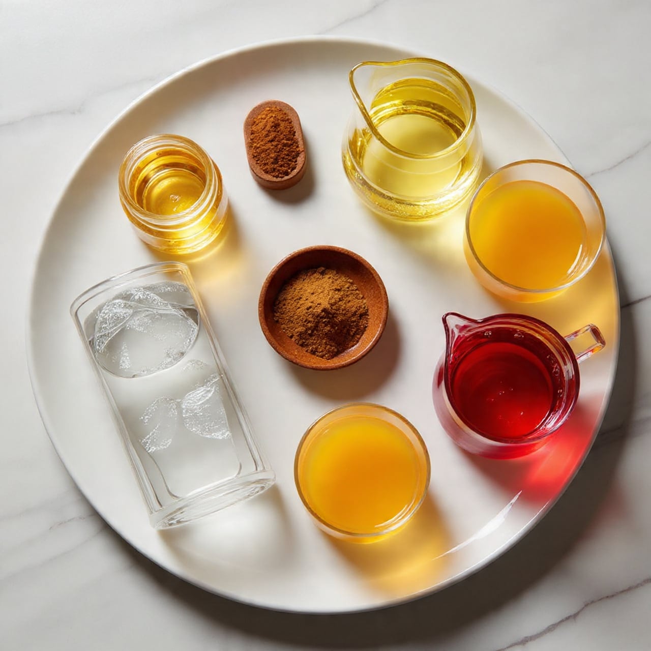 The image shows a white plate at the bottom left corner on a white marbled background. Above the plate, there is a small glass jar with a light amber liquid next to a small brown dish with cinnamon powder. In the middle, there is a clear glass jug with a bright yellow liquid. To the right of the jug, a glass of clear water with ice is visible. Below the water, a glass of bright orange juice is placed next to a small glass pitcher filled with a deep red liquid. The items are arranged neatly, displaying a variety of liquids and spices. Photo taken with an iphone --ar 4:5 --v 7
