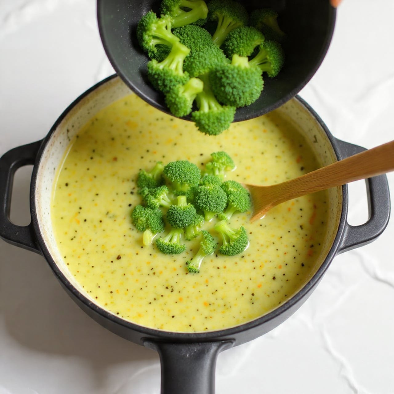 A top view of bright green broccoli florets being poured from a dark metal bowl into a pot filled with creamy light yellow soup. A wooden spoon rests inside the pot, partially submerged in the smooth soup. The pot is black with a beige inside rim, placed on a white marbled surface. Photo taken with an iphone --ar 4:5 --v 7