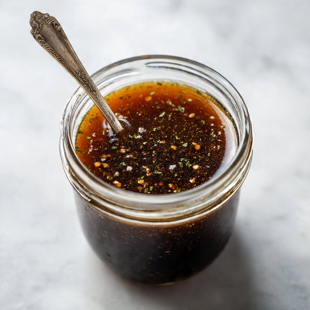 A clear glass jar filled with a dark brown sauce that has visible fine specks of herbs and spices throughout, giving it a textured look; a vintage silver spoon is placed inside the jar, leaning slightly to the right side. The jar sits on a white marbled surface that has a subtle pattern and soft lighting highlights the glossy surface of the sauce, showing its thick liquid texture. photo taken with an iphone --ar 4:5 --v 7