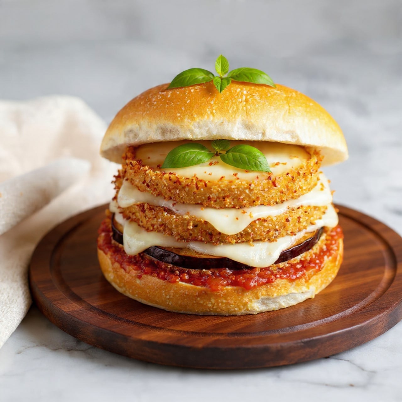 The image shows multiple ingredients placed neatly on a white marbled surface. There are four golden brown sandwich rolls stacked on a white rectangular plate in the bottom left corner. Above and to the right, a white round plate holds several cooked round eggplant slices with a textured golden crust. To the right of that, a white bowl is filled with thick red tomato sauce with a swirl pattern on top. Below the sauce, a small white bowl contains fresh green basil leaves. Next to the basil, a small clear glass container holds golden olive oil. Below the olive oil, a dark bowl contains several white circular slices of fresh mozzarella cheese arranged in a fanned-out pattern. In the center, two brown eggs and a small white bowl with black pepper are placed. A small dark bowl with shredded white cheese sits below the eggs. A white bowl with a mound of white flour is placed in the top left corner. All items are spaced evenly and clearly visible. Photo taken with an iphone --ar 4:5 --v 7