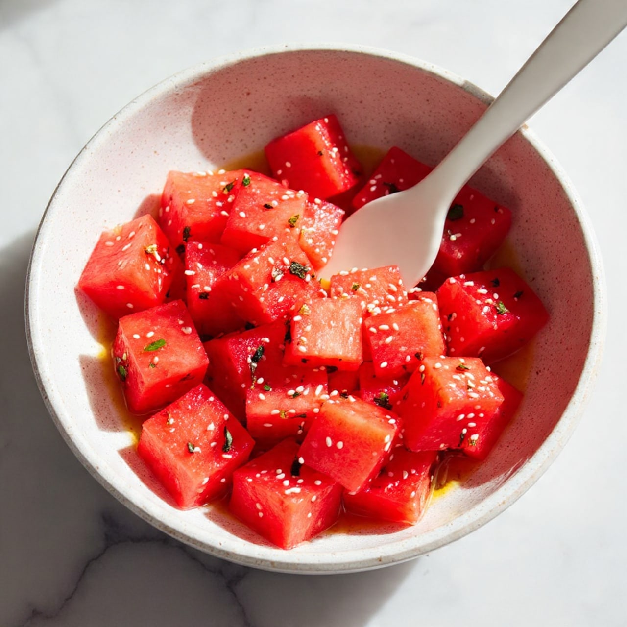 A white mixing bowl holds many small chunks of bright red watermelon sprinkled with tiny green flecks of herbs. The watermelon pieces vary slightly in size and shape, showing a moist and juicy texture. Inside the bowl, a white spatula rests on the right side, partially buried in the fruit, with some herb bits stuck on it. The bowl sits on a white marbled surface. photo taken with an iphone --ar 4:5 --v 7