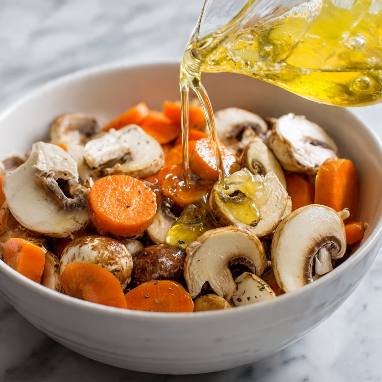 A close-up view of a white bowl filled with a mix of sliced white and brown mushrooms along with round orange carrot slices. A clear glass container is pouring a yellowish liquid over the vegetables, showing the liquid mid-pour as it glistens on the mushrooms and carrots. The background has a white marbled texture visible around the bowl's edge, with part of the metal rim of the bowl also visible. The image captures the fresh textures of the vegetables and the smooth pour of the liquid clearly. photo taken with an iphone --ar 4:5 --v 7
