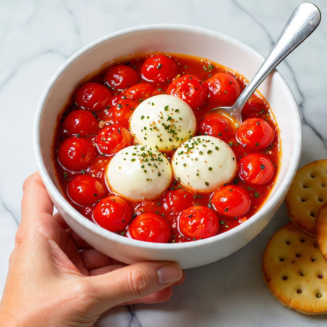 The dish is served in a black cast iron skillet with two small handles, placed on a wooden board. It has two main layers: the bottom layer is a creamy white cheese spread thickly and evenly across the skillet, with a soft and slightly textured surface. The top layer consists of bright red roasted cherry tomatoes that look juicy and slightly wrinkled, piled in the center. Over the tomatoes, there are thin strips of fresh green basil scattered, adding a pop of green color. Dark balsamic glaze is drizzled around and over the tomatoes, creating dark shiny patches against the white cheese. To the back, several slices of toasted bread with a golden color and porous texture are partially visible, stacked upright. The background surface is white marbled texture. Photo taken with an iphone --ar 4:5 --v 7