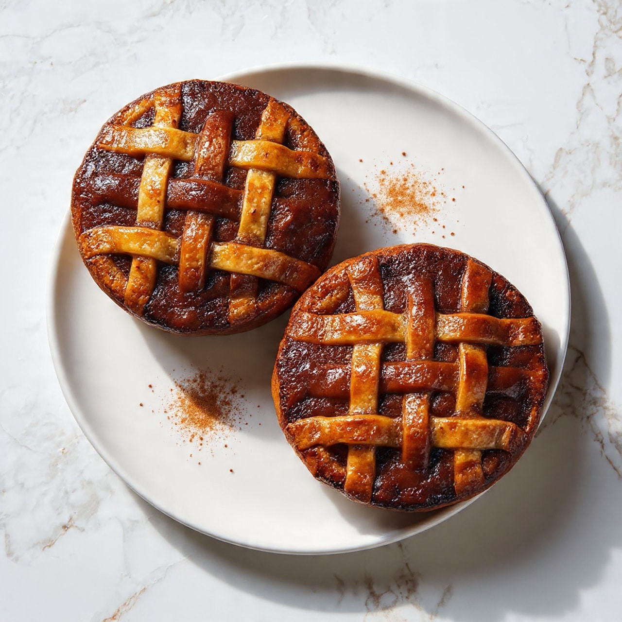 The image shows four baked apples placed on a white marbled surface. Each apple is wrapped with a lattice of golden brown pastry strips on top, forming a crisscross pattern that covers the upper half of the apples. The apples themselves have a shiny, browned skin from baking. The lattice strips are textured with small bubbles and light browning, adding a crispy look. A light sprinkle of cinnamon powder is visible around the apples on the surface. In the background, there is a stack of white plates. The photo is bright and clear, showing the detailed textures of the apples and pastry. photo taken with an iphone --ar 4:5 --v 7