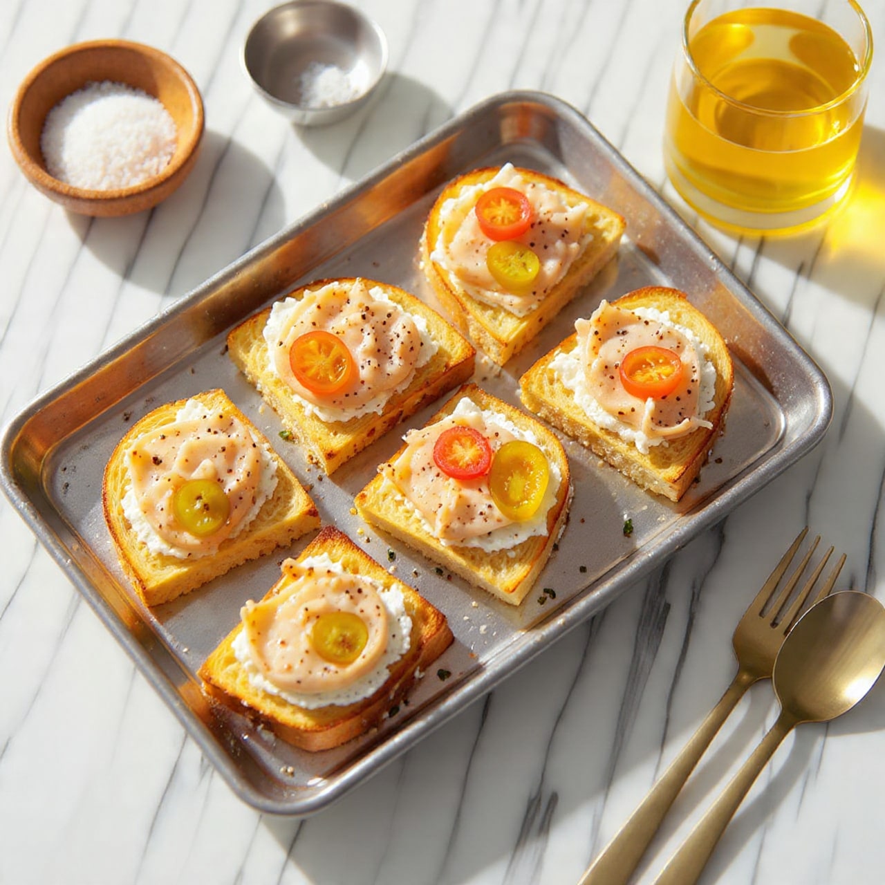 The image shows several small, toasted baguette slices arranged on a rectangular metal tray on a white marbled surface. Each slice has three layers: at the bottom a crispy golden toasted bread, followed by a layer of mixed light-colored shredded meat and creamy spread, then topped with bright red halved cherry tomatoes and pale yellow artichoke hearts, sprinkled with fresh green herbs. Around the tray, there is a small wooden bowl with coarse salt and a silver spoon, a glass container with yellow olive oil, and two spoons with different finishes. The lighting highlights the shiny and fresh textures of the ingredients. Photo taken with an iphone --ar 4:5 --v 7