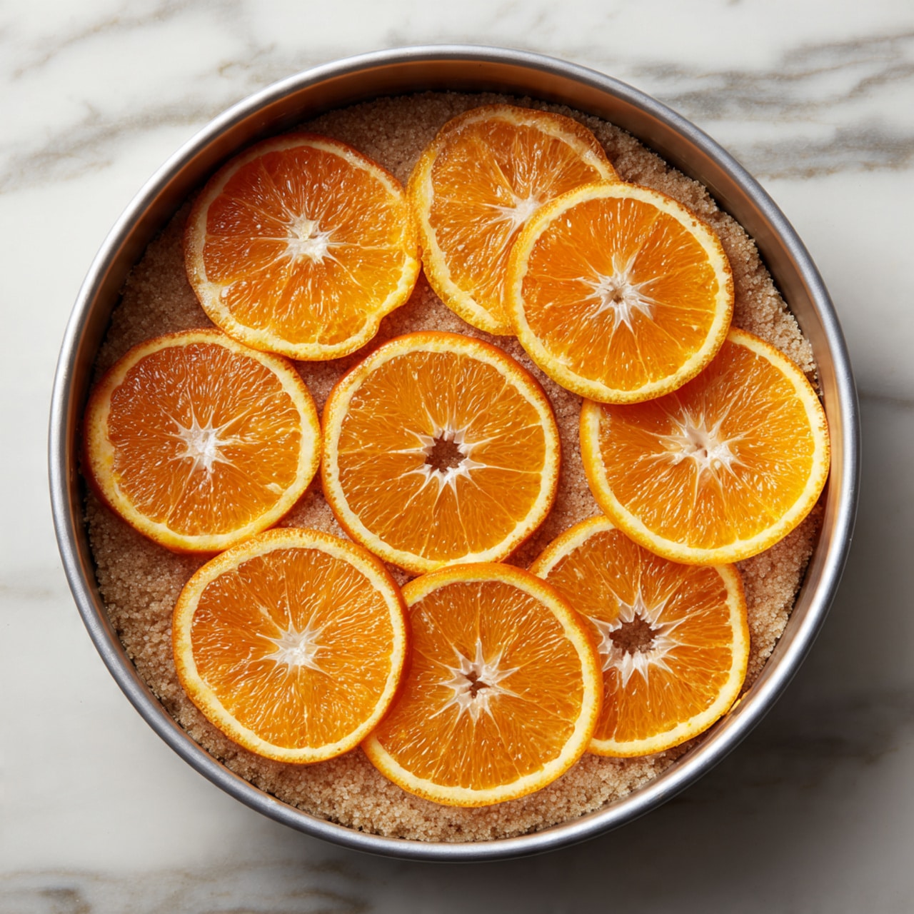 A round metal baking pan holds a base layer of light brown sugar spread thinly across the bottom, with eleven bright orange citrus slices arranged on top, each showing a star-shaped white center and a segmented juicy texture. The citrus slices are laid flat in a single layer with some touching and others spaced slightly apart, and the pan rests on a white marbled surface. photo taken with an iphone --ar 4:5 --v 7
