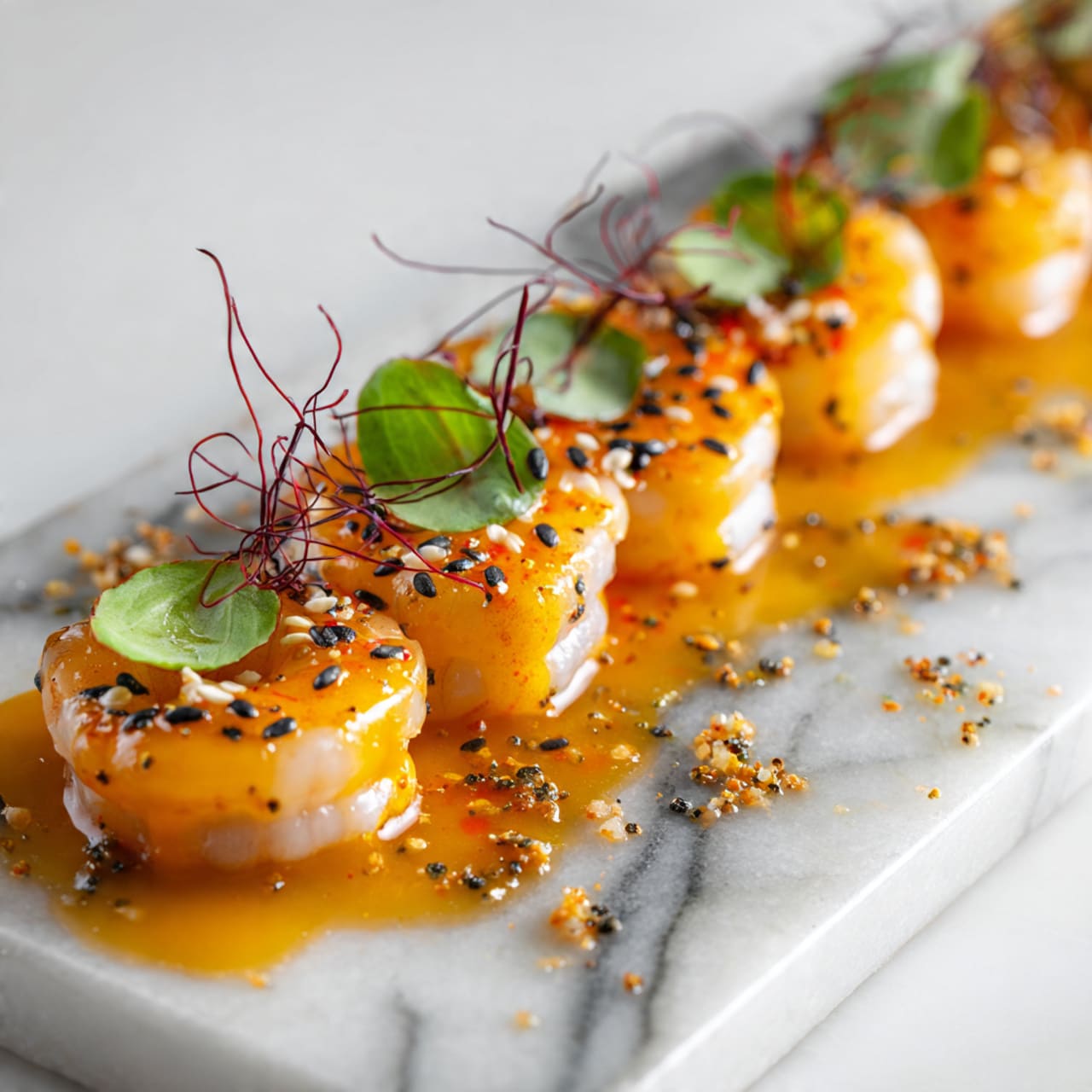 The image shows a white plate filled with several pink-orange cooked shrimp arranged closely together. The shrimp are glossy and lightly sprinkled with small green herb leaves and bits of seasoning. The plate has a light greenish-yellow sauce on the bottom with visible small pieces of herbs and spices, giving a fresh and tasty look. The background is a white marbled texture, and a woman's hand is gently holding the edge of the plate. Photo taken with an iphone --ar 4:5 --v 7
