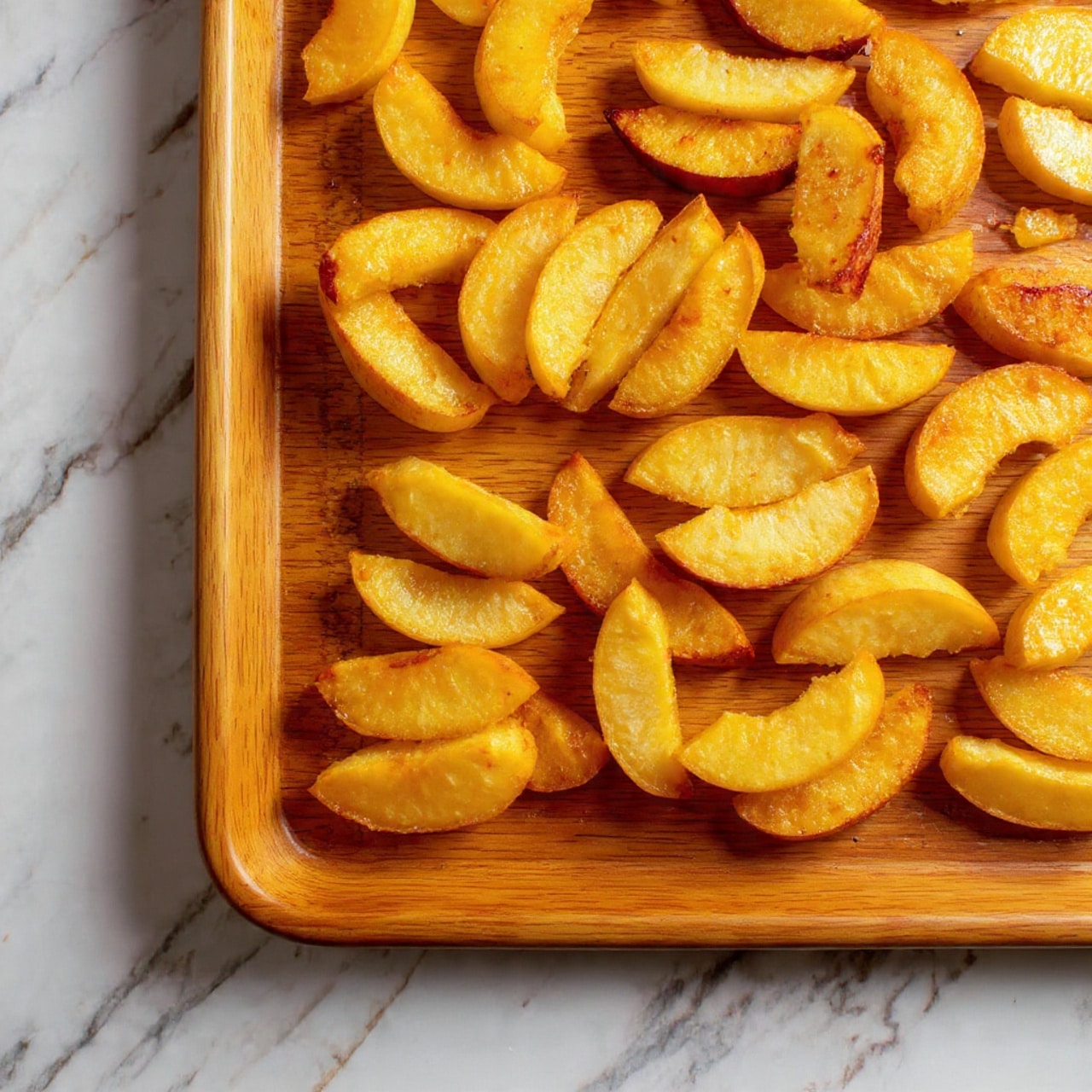 The image shows slices of baked apple pieces placed on a metal wire rack inside a clear baking tray. The apples have a golden yellow and light brown color with red edges, and their skins are slightly wrinkled and soft, indicating they are cooked. The apple pieces are spread out evenly on the rack, and some juices have dripped down into the tray below. The background is a white marbled texture, and the focus is on the front apples. photo taken with an iphone --ar 4:5 --v 7