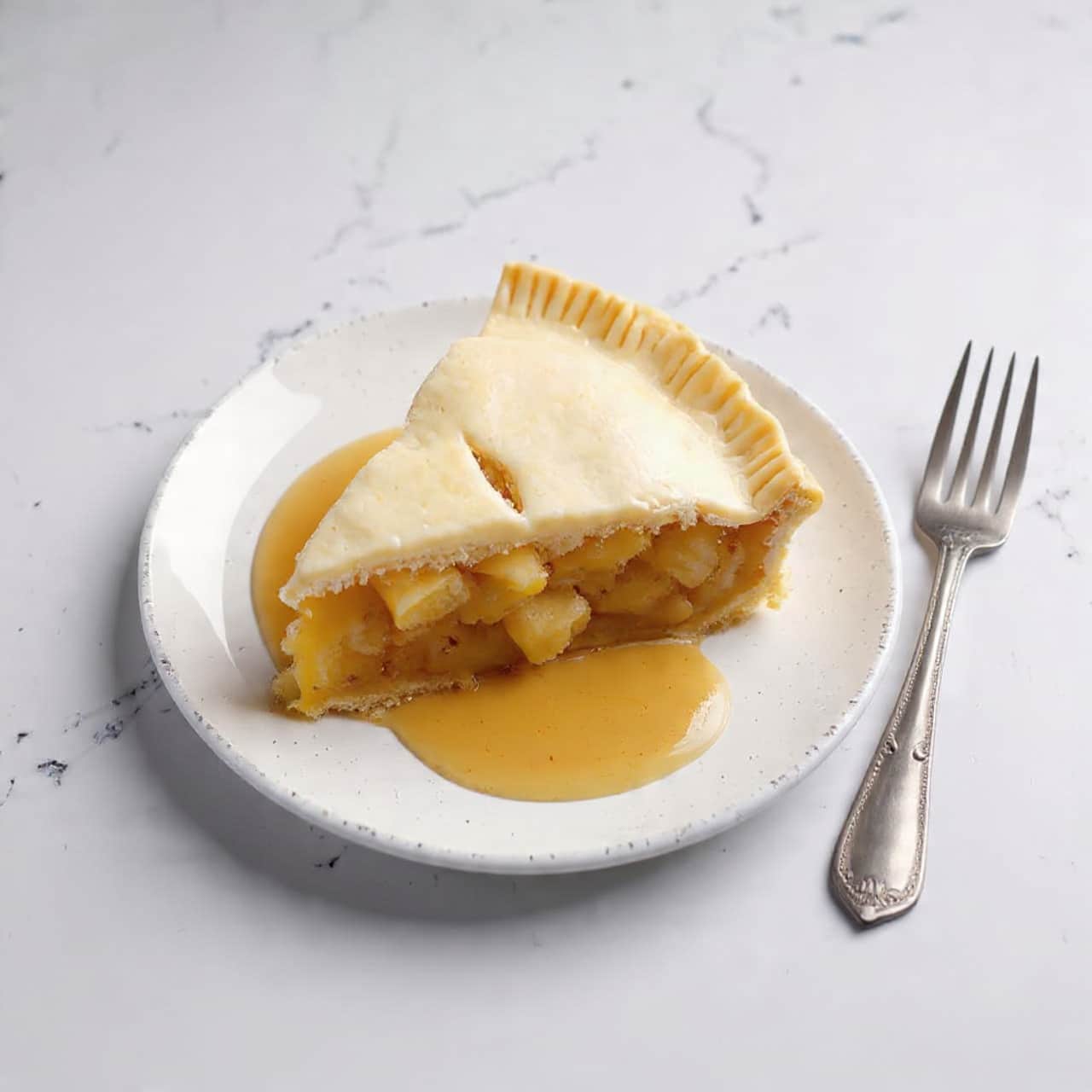 A single slice of apple pie sits on a white plate with a speckled brown pattern. The pie has two layers of golden brown crust; the top crust is smooth with a crimped edge pattern along one side, and the bottom crust is slightly visible under the filling. The filling is thick and rich in color, a mix of light and dark brown with a moist texture, showing some small apple pieces. A silver fork lies on the plate to the right of the pie slice. The surface beneath the plate has a white marbled texture. photo taken with an iphone --ar 4:5 --v 7