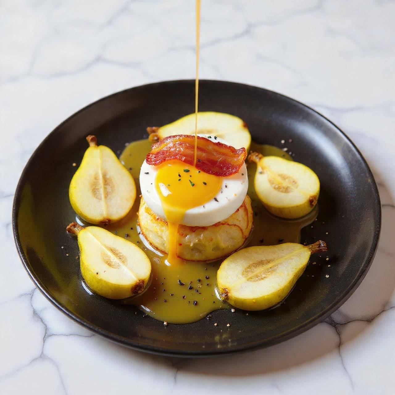 The image shows a rustic white plate with three main items: two slices of pinkish bacon with a slight shine and curled edges positioned in the front left, a smooth round white ball of cheese placed to the right of the bacon and topped with a small green sprig of thyme, and two whole pears with greenish-yellow skin and brown stems set behind the cheese and bacon. The plate sits on a white marbled surface. Around the plate, there are fresh green thyme sprigs scattered, and a clear jar of dark amber liquid is visible in the background. photo taken with an iphone --ar 4:5 --v 7