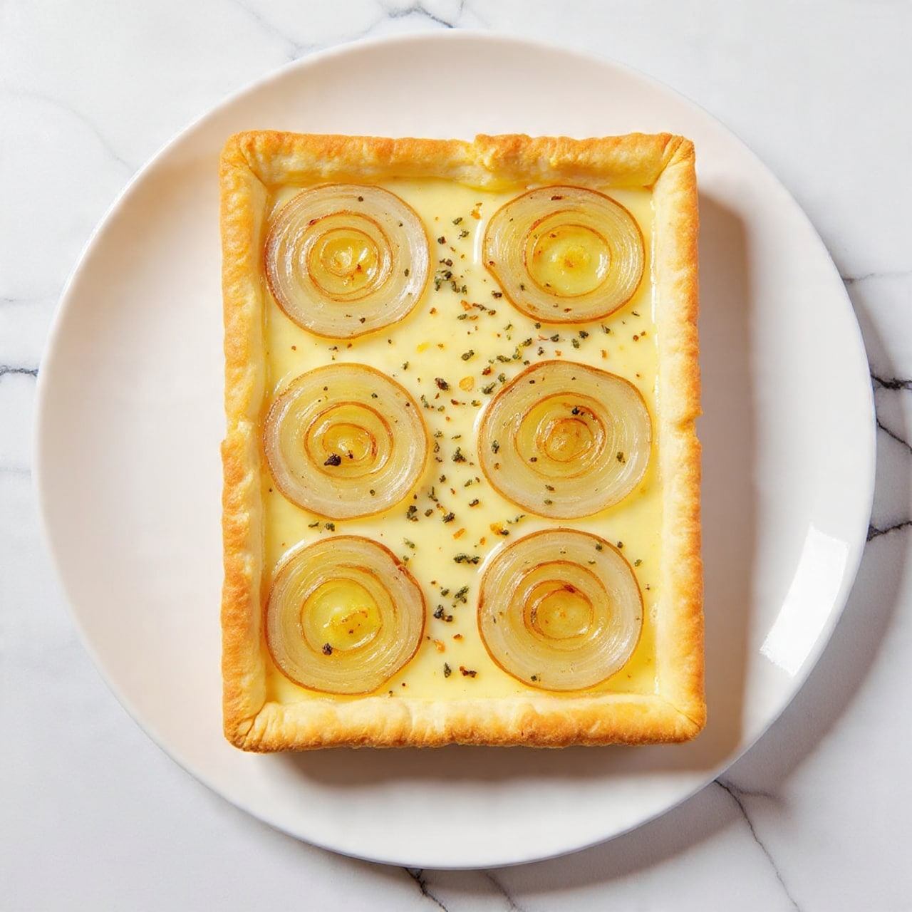 A rectangular tart sits on a white plate, with a golden-brown, flaky crust forming the base and edges. Inside the tart is a creamy, pale yellow layer topped with evenly spaced, roasted onion slices that are slightly caramelized on top with a mix of light green and brown hues. Small bits of dried herbs are sprinkled over the onions, adding texture and a touch of dark green color. The background is a white marbled surface. Photo taken with an iphone --ar 4:5 --v 7