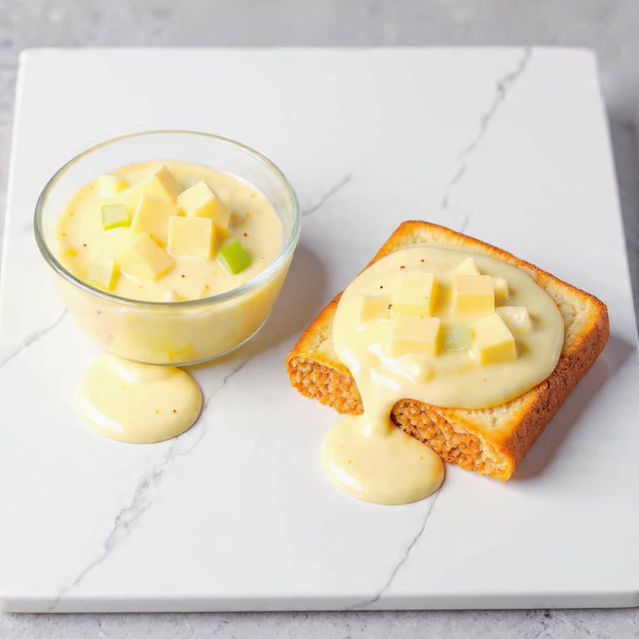 The image shows a close-up of a slice of toasted bread on a white marbled surface. On the bread, there is a thick layer of salad made of small, creamy, yellowish cubes mixed with light green celery pieces and tiny green herbs, all coated in a smooth, pale dressing with a slightly speckled texture. Part of a white bowl with more of the salad is visible at the top left corner. The scene is bright and clear, focusing on the texture of the toast and the creamy salad. photo taken with an iphone --ar 4:5 --v 7