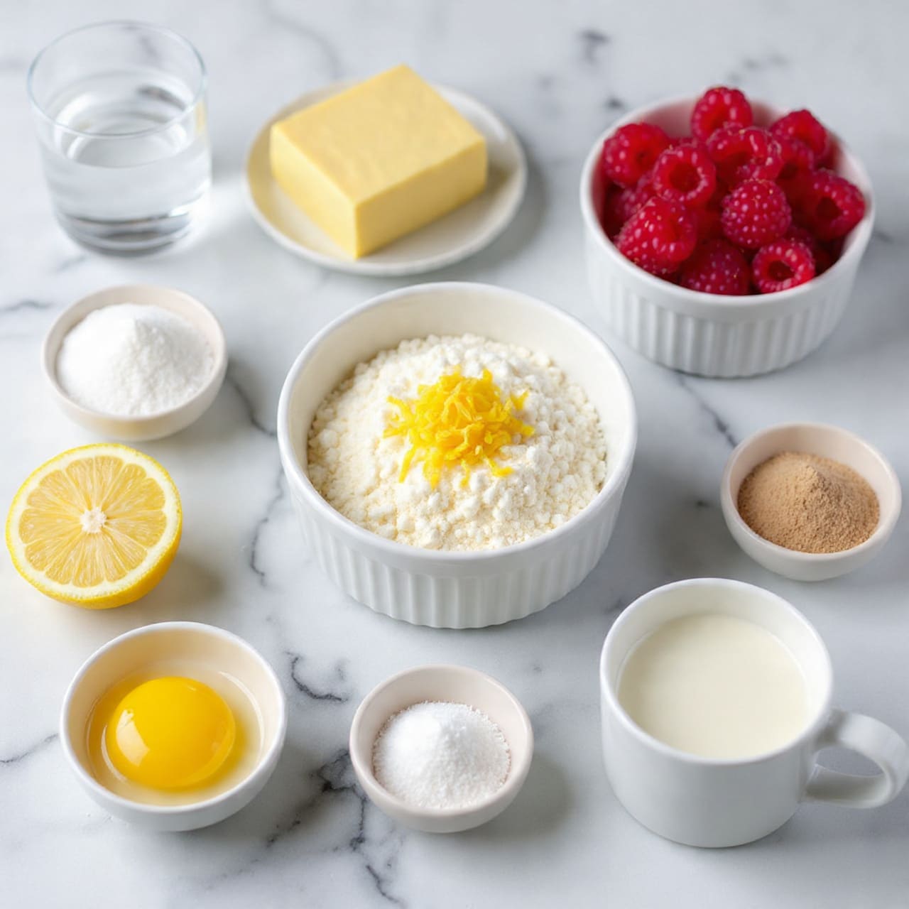 The image shows several ingredients arranged neatly on a white marbled surface. In the center, there is a bowl filled with a mixture of white flour and grated yellow zest, with some melted butter around it. Around this bowl, there are several smaller bowls and plates: one with white flour, one with granulated white sugar, one with a light beige powder, and one with bright red raspberries. There is a cup filled with an off-white liquid, likely milk, on the lower right side. To the left, there are two lemon halves showing a fresh yellow color, a slab of yellow butter on a white plate, and a white bowl with two white eggs and one brown egg. One small bowl contains a raw, yellow egg yolk in egg white. There is also a glass of clear water placed at the upper left corner. All the containers are white, and the whole setup looks clean and organized. photo taken with an iphone --ar 4:5 --v 7