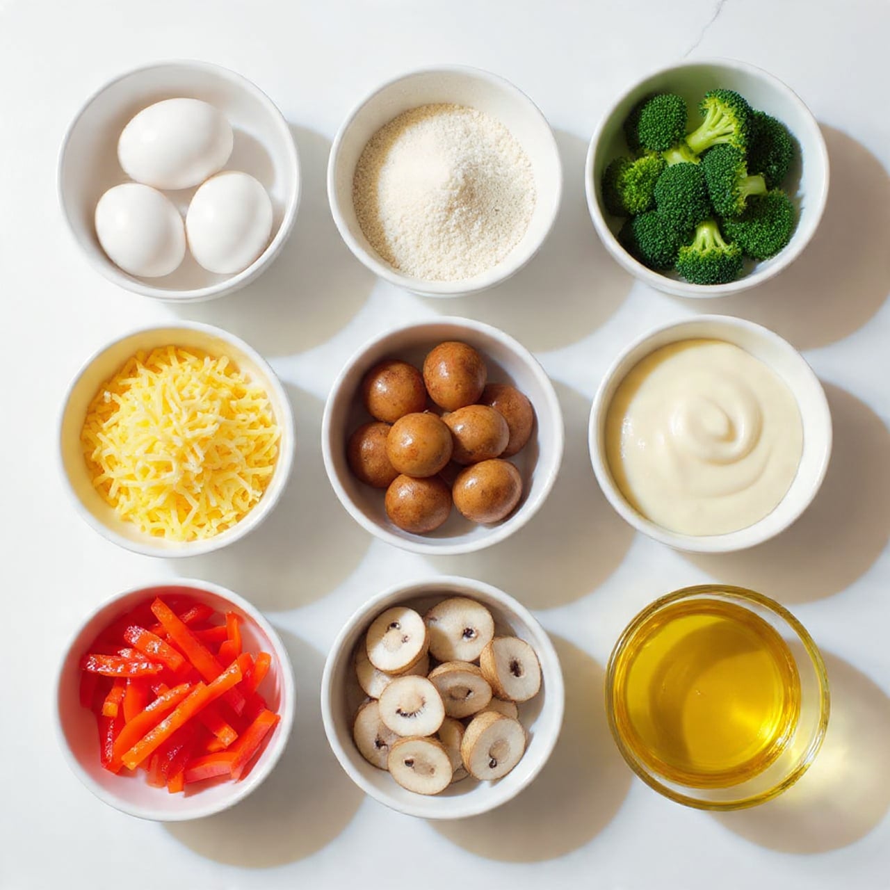 The image shows nine small bowls arranged in a neat grid on a white marbled surface. The top left bowl is white and holds four whole eggs. Next to it is a smaller bowl with a pale granular powder, and to the right is a bowl filled with bright green broccoli florets. Below the eggs, a bowl contains shredded yellow cheese. In the middle, a bowl holds whole brown mushrooms, and next to it, another bowl has a thick, creamy off-white sauce. At the bottom left, a bowl is filled with red bell pepper strips, and beside it is a bowl of sliced white mushrooms with dark gills. Finally, at the bottom right, a small glass bowl contains golden olive oil. Photo taken with an iphone --ar 4:5 --v 7