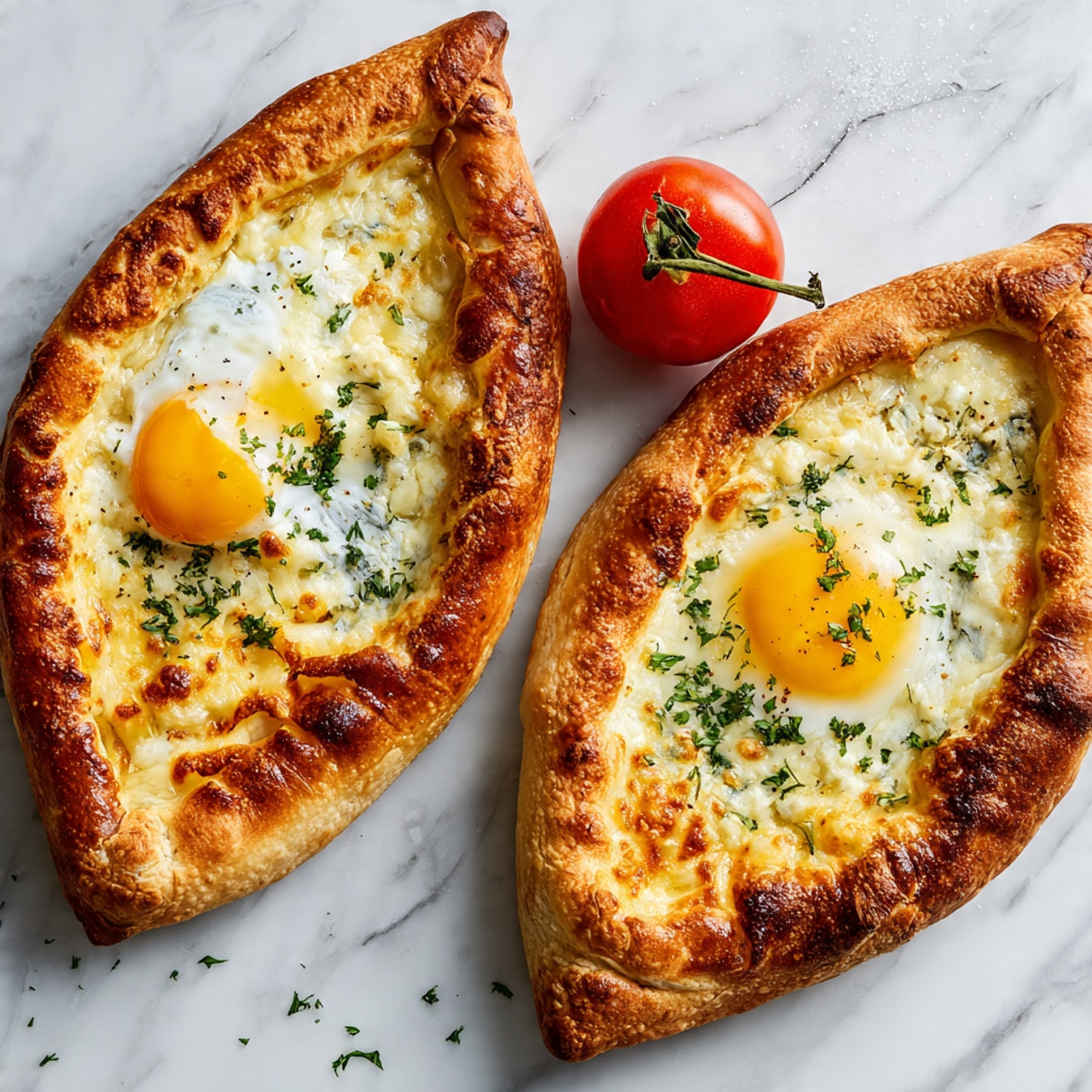 The image shows two boat-shaped khachapuri on a white marbled surface. Each has a golden brown crust which is thick and slightly puffy with a textured top. Inside the crust, there is a layer of melted cheese that looks creamy and stringy, topped with a bright yellow egg yolk in the center. The egg yolks are shiny and slightly runny, surrounded by the soft white cheese. The khachapuri have some green herbs sprinkled on top, adding small green specks. Near the khachapuri, there is a ripe, red tomato with a green stem. The photo taken with an iphone --ar 4:5 --v 7