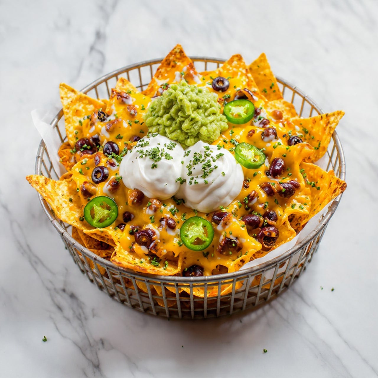 The image shows a metal basket full of yellow, crunchy tortilla chips layered with small black olive slices and thin slices of green jalapeño peppers spread evenly throughout. On top of the chips, melted golden-yellow cheese is scattered, giving a shiny and slightly textured look. At the top center, there is a generous scoop of bright green guacamole with a chunky texture, next to a smooth, white dollop of sour cream. Bits of chopped dark green parsley or cilantro are sprinkled over the whole dish. The basket sits on a white marbled surface. photo taken with an iphone --ar 4:5 --v 7