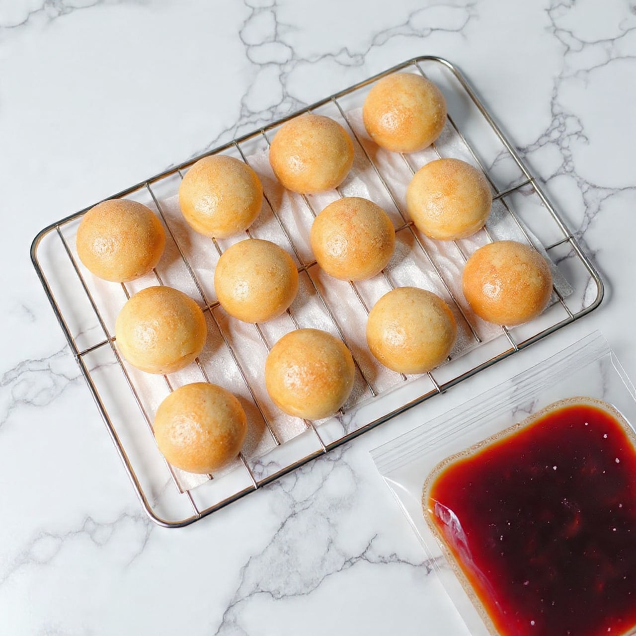 The image shows a dozen small, round, golden-brown fried dough pieces resting on white paper towels placed on a metal rack. The dough pieces have a slightly uneven surface with a crispy texture and are arranged loosely in two rows across the top left and center of the paper towels. The background is a white marbled surface, and in the bottom right corner, there is a partially visible clear plastic bag filled with a dark red sauce with white spots. Photo taken with an iphone --ar 4:5 --v 7