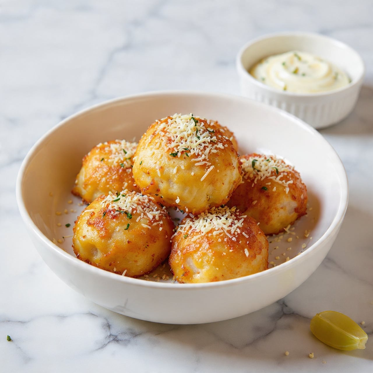 A white round bowl is filled with five crispy, golden-brown fried pieces that have a crunchy texture. Each piece is topped with light white grated cheese and sprinkled with small bright green fresh herb leaves. At the back of the bowl, there is a small white ramekin filled with a creamy white sauce with tiny green flecks. The bowl sits on a white marbled surface with a clove of garlic visible to the side. Photo taken with an iphone --ar 4:5 --v 7
