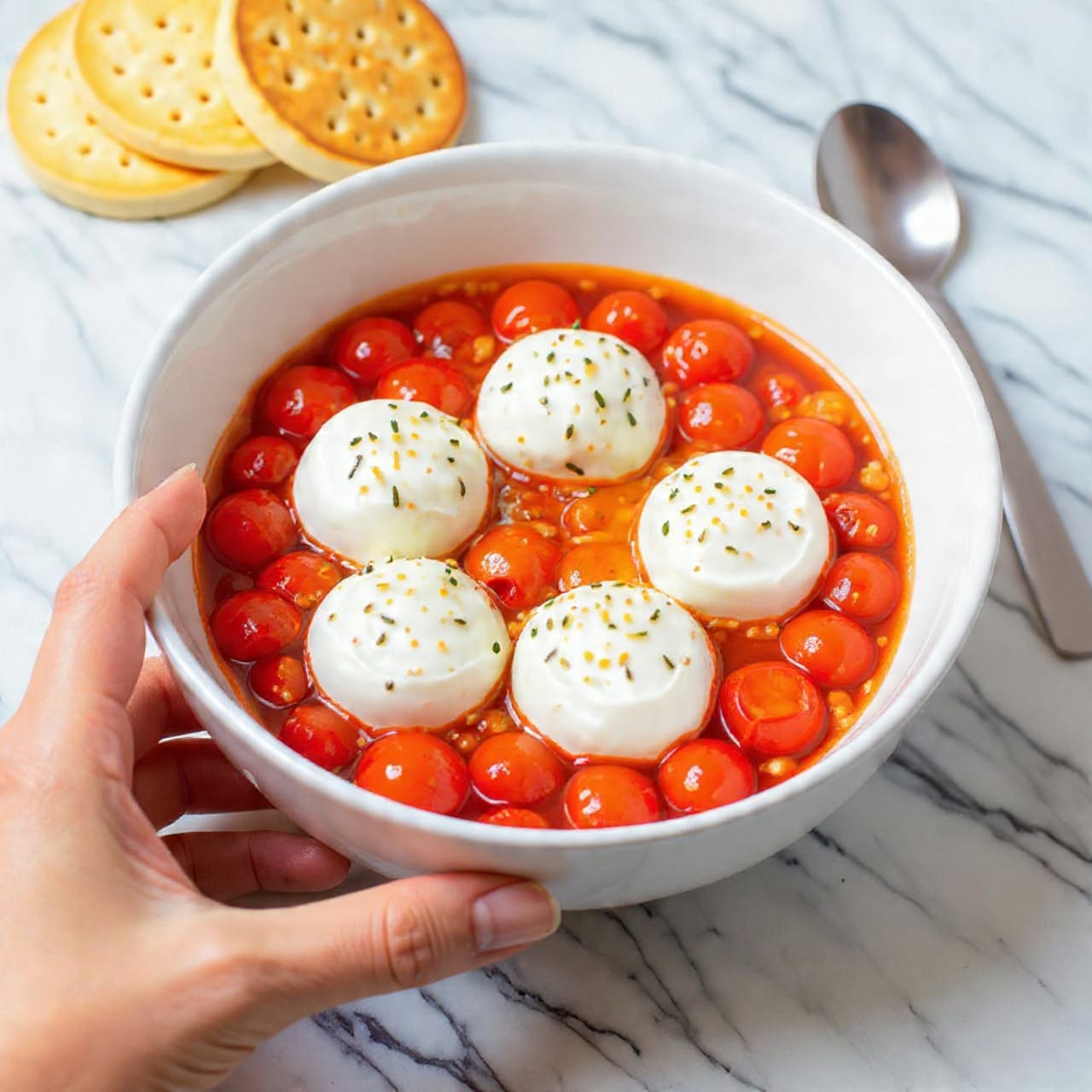 A white bowl filled with bright red cherry tomatoes roasted with green herbs, arranged in a circle around three white soft cheese dollops in the center, sprinkled with finely chopped green herbs; a silver spoon rests partially inside the bowl on the right side. The bowl is placed on a white marbled surface with light yellow crackers and a woman's hand holding the bowl from the left bottom corner. Photo taken with an iphone --ar 4:5 --v 7