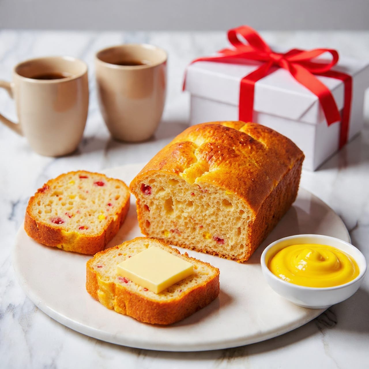 A loaf of bread with a golden brown crust is placed on a round white marble board. Two slices lie in front of the loaf, with one topped by a square of pale yellow butter. The bread's interior is soft and light with small bits of red and yellow ingredients spread throughout. To the right of the loaf, there is a small white bowl filled with smooth, bright yellow spread. In the background, there are two beige ceramic mugs and a wrapped gift box with white paper and a bright red ribbon, all set on a white marbled surface. photo taken with an iphone --ar 4:5 --v 7