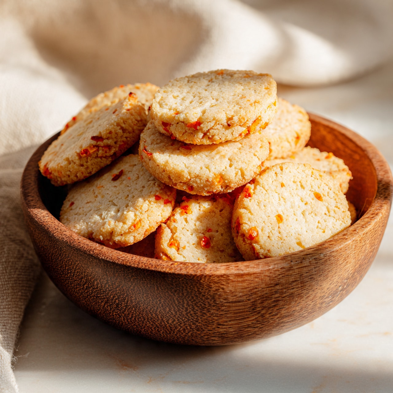 A round basket filled with about two layers of round cookies that are light beige with small orange and brown specks throughout, showing a rough texture. The basket is lined with a light beige cloth. In the background, there is a warm glowing candle and a blurred box with more cookies. The scene is set on a white marbled surface. photo taken with an iphone --ar 4:5 --v 7