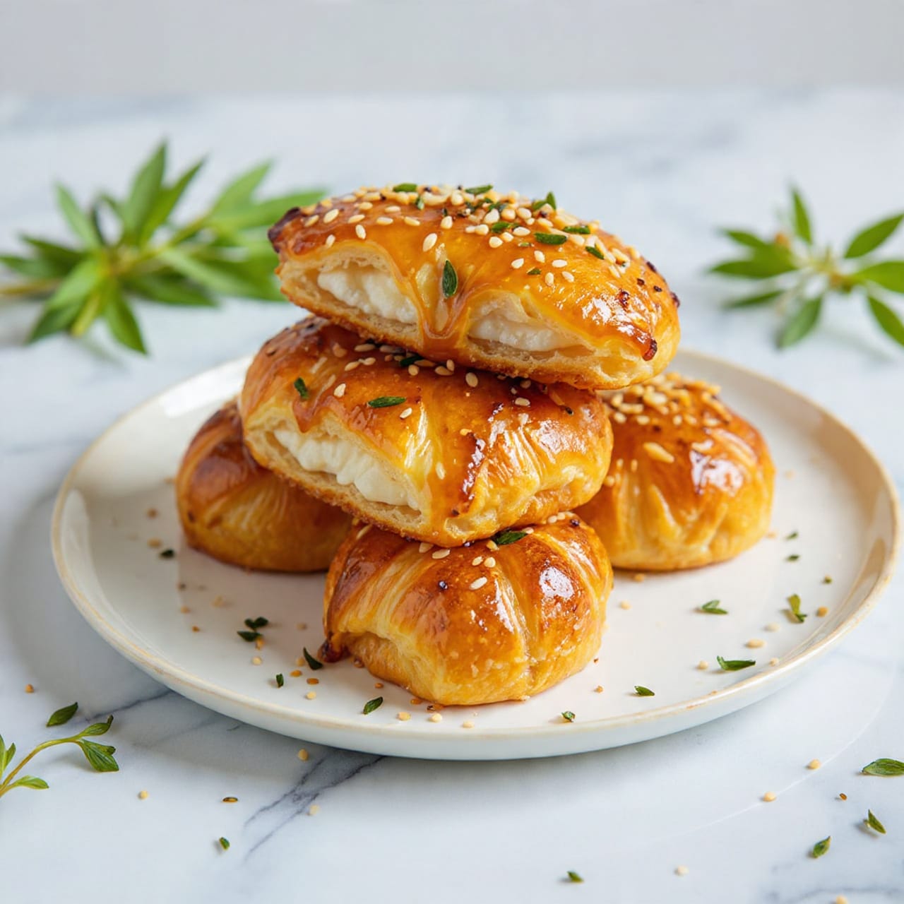On a white plate, there are four golden brown pastries stacked in two layers, each pastry wrapped tightly with a shiny, flaky crust that is slightly crispy and glazed with a honey-like sauce. The pastries are topped with small sesame seeds and sprinkled with fresh green herbs. The edges of the pastries are browned and crisp, and one pastry reveals a creamy white filling inside. Around the pastries, fresh green sprigs of herbs add a touch of color. The plate sits on a white marbled surface. photo taken with an iphone --ar 4:5 --v 7