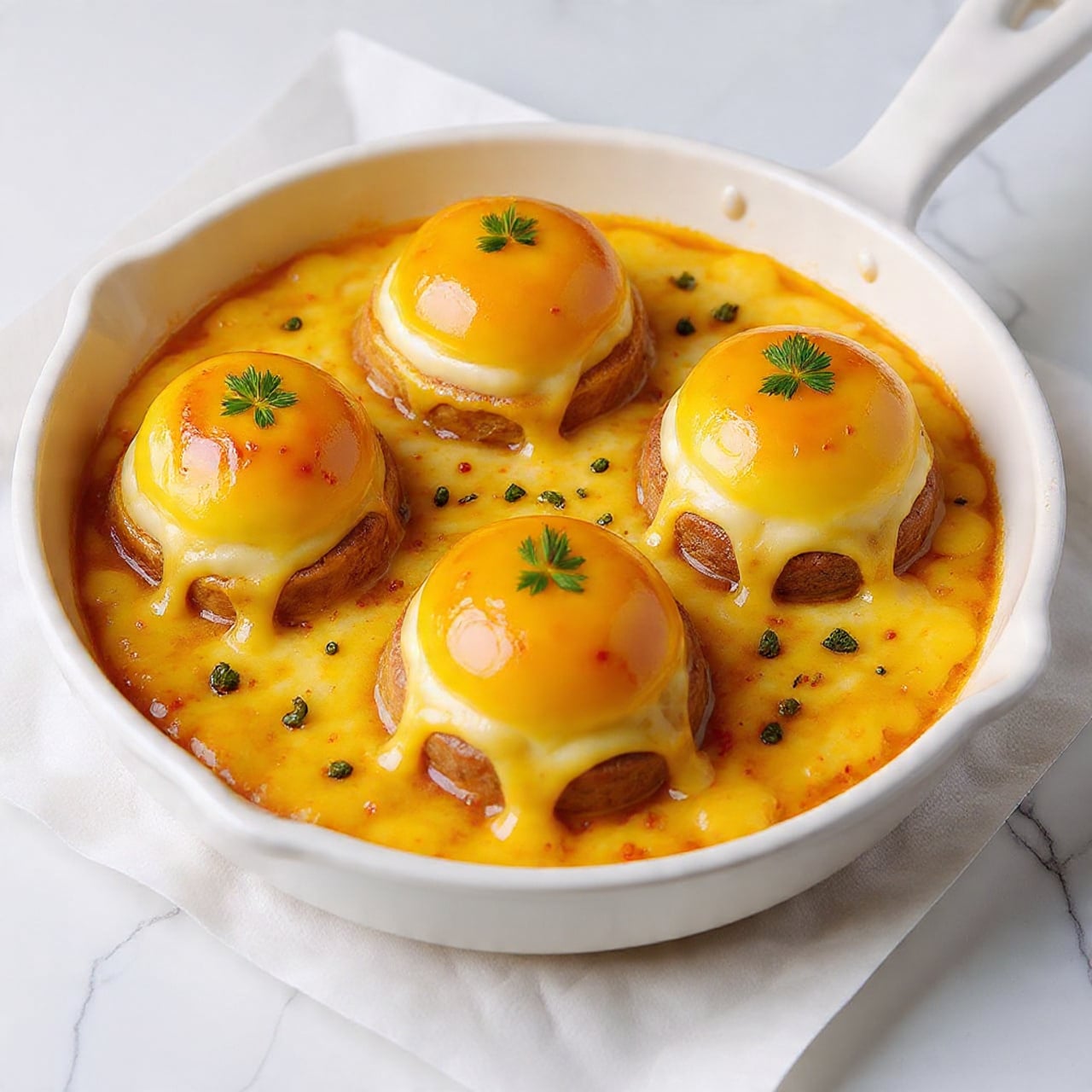 The dish shows three large pieces of chicken in a white ceramic baking dish, each covered with a thick layer of melted golden cheese that has small browned spots from baking. The cheese layer is smooth but bubbly and sprinkled with tiny green herbs for color. The chicken pieces are sitting in a creamy sauce that fills the bottom of the dish, visible around the edges. The baking dish has rounded sides and is placed on a white marbled surface. photo taken with an iphone --ar 4:5 --v 7