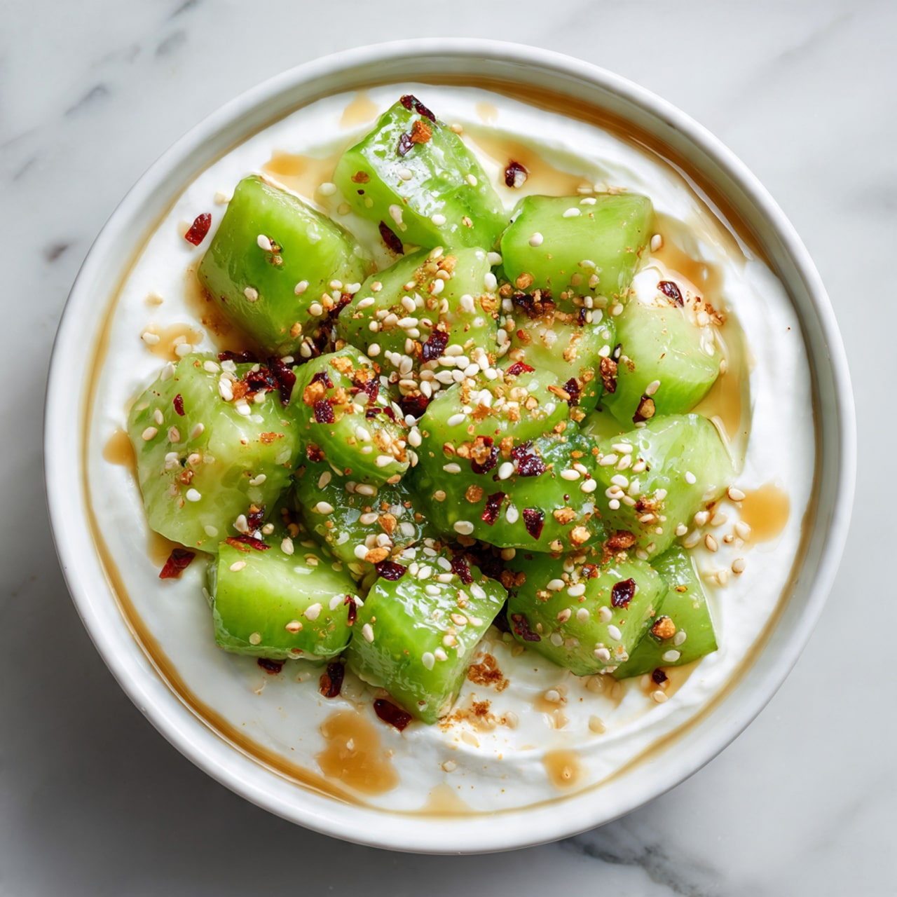 A bowl filled with three visible layers is shown. The bottom layer is a thick, smooth white cream spread evenly across the base. On top, there are chunks of bright green cucumber pieces with light, glossy texture, arranged in a small heap in the center. The cucumbers are sprinkled with white sesame seeds and small red chili flakes. A light brown sauce is drizzled over both the cucumbers and cream, pooling slightly around the base of the cucumber pile. The bowl is white and sits on a white marbled surface. photo taken with an iphone --ar 4:5 --v 7
