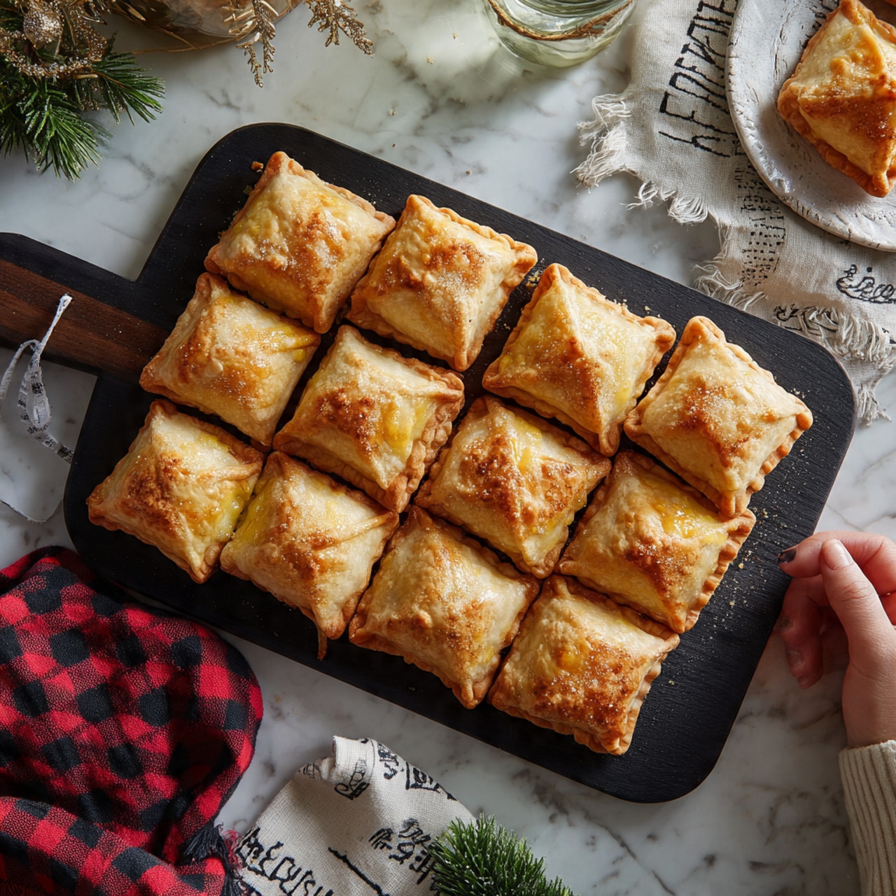 This image shows a black serving board with a handle holding 12 small, square-shaped pastries with a light golden-brown crust, folded neatly at the top to form small pouches. The pastries are arranged in neat rows on the board. Surrounding the board are elements of a cozy kitchen scene, including a white marbled surface underneath, a red and black checkered cloth, a white cloth with black script, a glass jar, and some festive greenery in the corner. A woman's hand is gently holding the handle of the board. Photo taken with an iphone --ar 4:5 --v 7