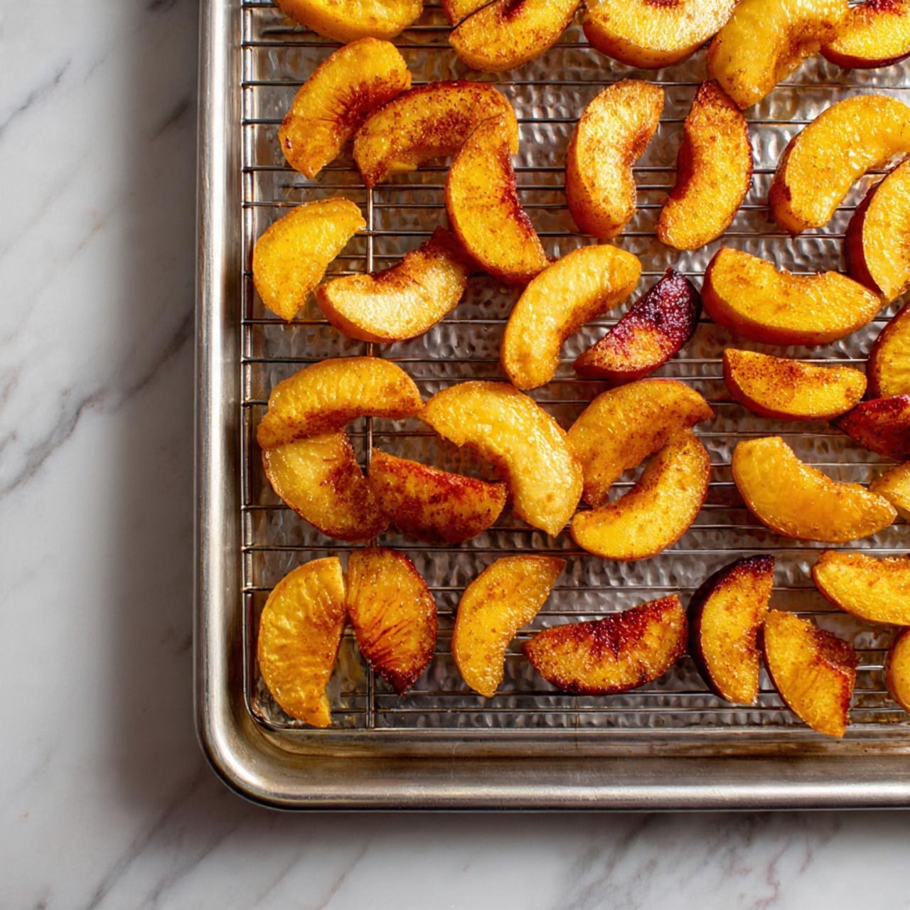 The image shows one layer of apple slices on a silver oven rack. The apple slices are arranged in rows, each piece having red skin with some showing a bit of a wrinkled texture and golden brown spots from baking. The white flesh of the apple is visible and looks soft and cooked, with a slightly shiny surface likely from syrup or juice. The silver oven rack sits on a white marbled surface. photo taken with an iphone --ar 4:5 --v 7