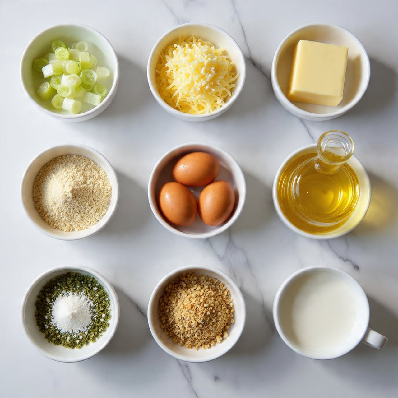 The image shows eight small white bowls arranged neatly on a white marbled surface. Starting from the top left, the first bowl holds several light green and white leek rings stacked loosely. Below it, there is a bowl filled with light yellow shredded cheese. Next to it, slightly above, is a plate with a square block of pale yellow butter in the center. In the middle right, a bowl holds three brown eggs placed close together. Above the eggs, a bowl contains a light beige powder, likely flour or cheese. To the right of the leek bowl, a clear glass bottle holds golden olive oil, shining under the light. Below the oil, a small white bowl contains ground dried herbs, mostly dark green and brown. At the bottom right corner, another white bowl holds toasted bread crumbs, light to dark brown in color, with a sprinkle of a finer pale powder on top. In the front center, a small white cup contains a small amount of white cream or milk. photo taken with an iphone --ar 4:5 --v 7