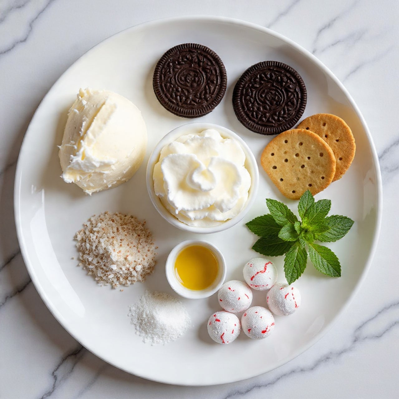 A white plate holds several ingredients arranged neatly: on the left is a pale cream block of cream cheese on a small white plate, surrounded by dark chocolate sandwich cookies, some whole and some crushed into small pieces. At the bottom right are light beige rectangular crackers stacked in two layers. Near the top right, a greenish-gray bowl is filled with white whipped cream, swirled softly with small peaks. Above it, another bowl of the same color is filled with crushed red and white peppermint candies, showing a mix of small chunks and powder. In the center, a small clear glass holds dark vanilla extract, and at the top left, a gray bowl is filled with fine white sugar. A sprig of fresh green mint leaves decorates the back top left of the plate, all set on a white marbled surface. Photo taken with an iphone --ar 4:5 --v 7