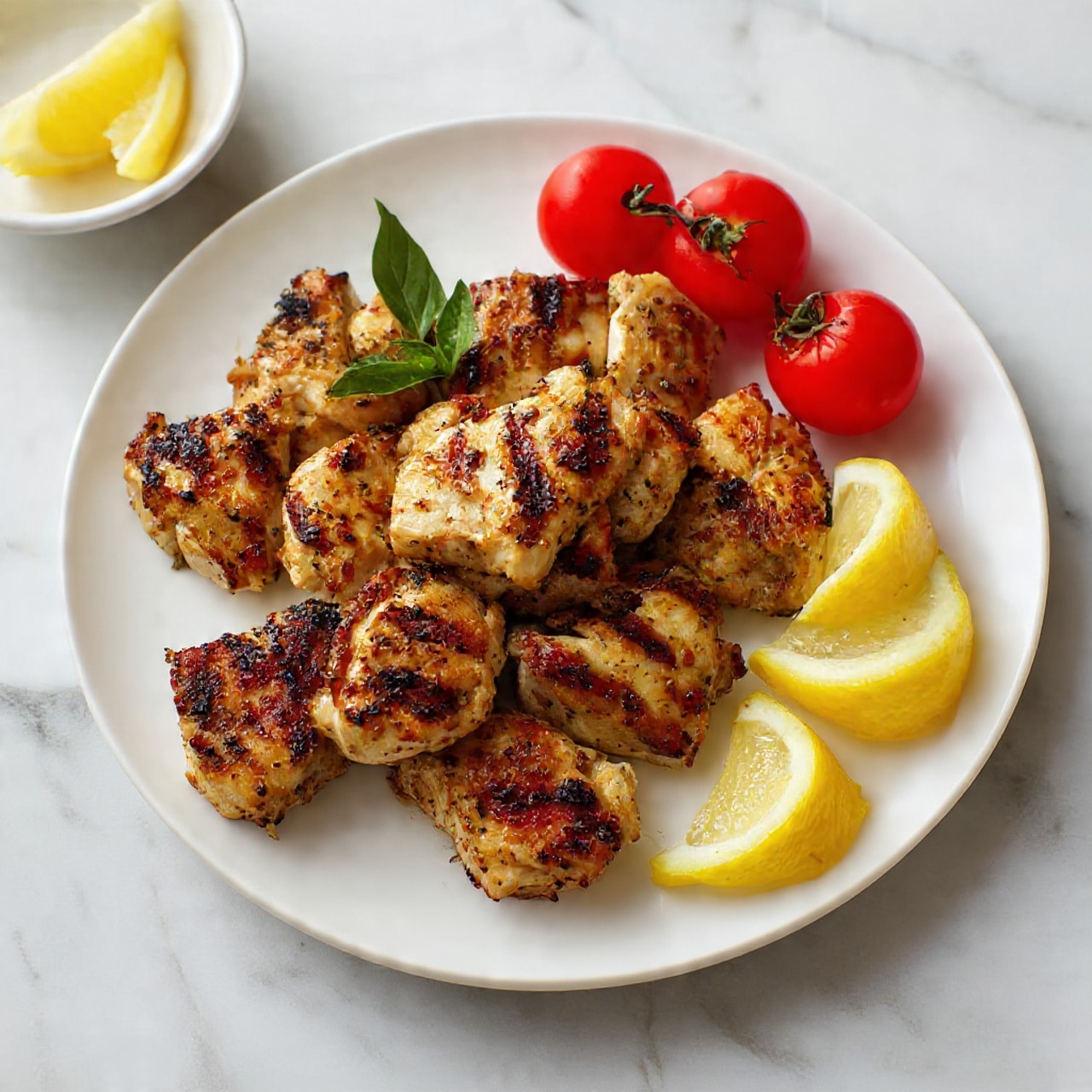 The image shows three raw chicken pieces placed close to each other on a white marbled surface. Around them, there are fresh green basil leaves scattered on the left and bottom sides. To the right, there is a small white bowl with mixed peppercorns. Below the chicken and near the peppercorns, there are three garlic cloves, some peeled and some whole, along with coarse salt crystals scattered nearby. A clear glass bottle filled with yellow olive oil and a cork top is positioned in the top-right corner. The lighting is bright and natural, highlighting the textures and colors of the ingredients. photo taken with an iphone --ar 4:5 --v 7