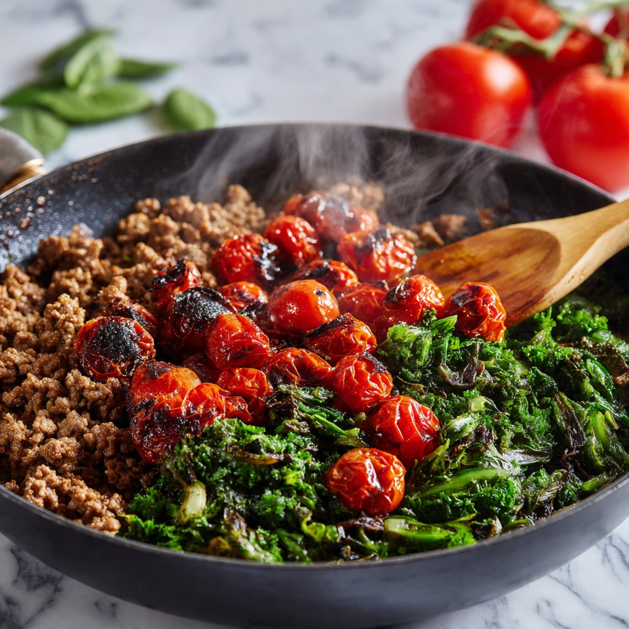 The image shows a close-up of a black pan filled with three layers of food. The bottom layer has bright green leafy vegetables that look soft but fresh. On top of the greens is a thick layer of cooked ground meat, brown and crumbly with small juicy bits visible. Scattered on the top are shiny whole red cherry tomatoes with some charred spots. The pan is steaming hot, with steam rising in the air, and a wooden spoon is stirring the food from the right side. The background has blurry red tomatoes and green leaves on a white marbled surface. photo taken with an iphone --ar 4:5 --v 7