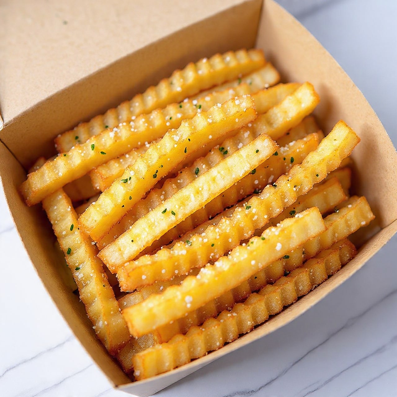 A close-up view shows a cardboard box filled with golden crinkle-cut fries, each fry crispy with ridged edges and a rough texture. The fries are sprinkled evenly with coarse salt and small green herb flakes, giving a seasoned look. The fries lie layered naturally inside the box, some overlapping, with a warm, light-brown color contrasted by the dark seasoning spots. The box sits on a white marbled surface. photo taken with an iphone --ar 4:5 --v 7