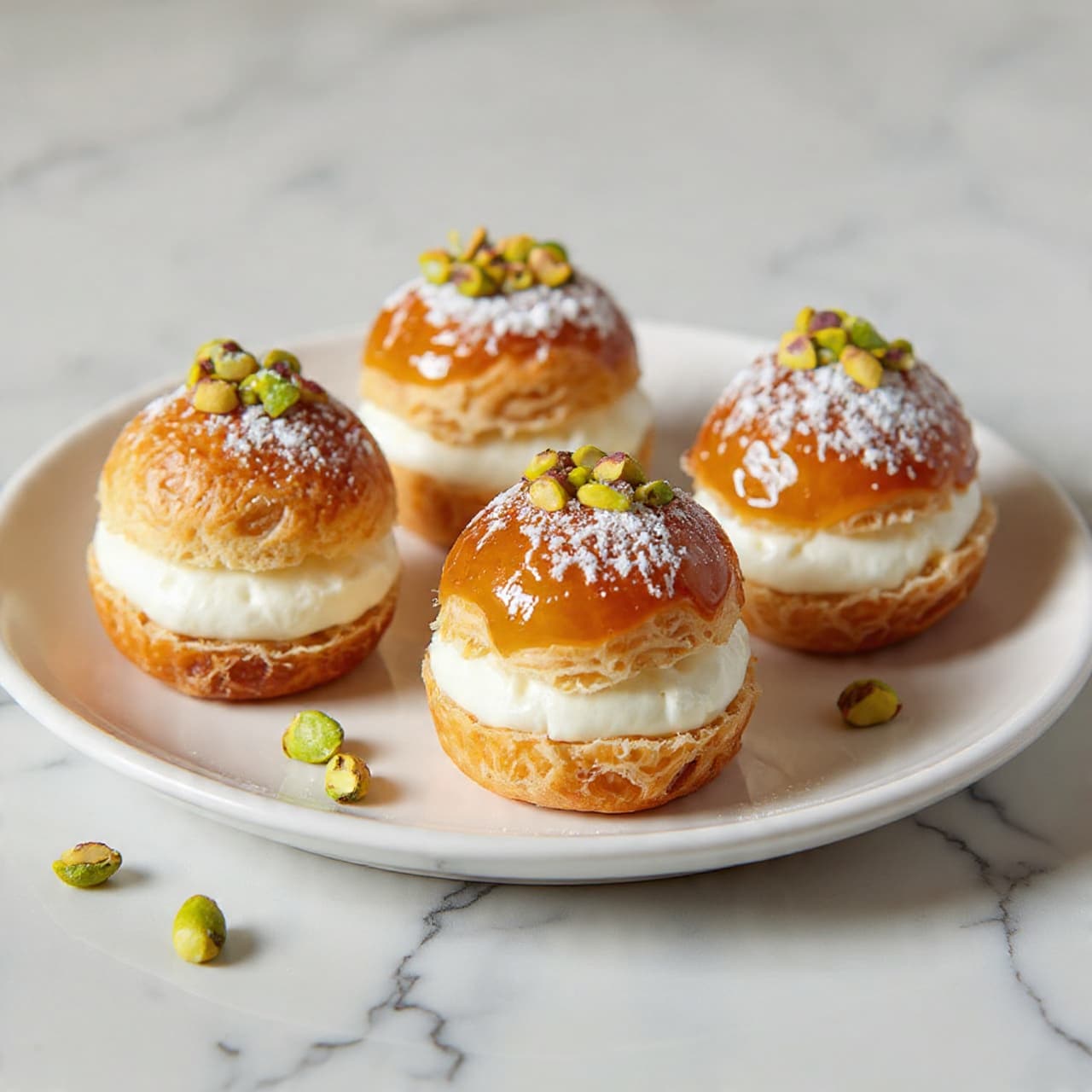 Four small cream-filled pastries are arranged on a white plate placed on a white marbled surface. Each pastry has three layers: the bottom layer is a light golden, flaky puff pastry, the middle layer is a thick, white cream, and the top layer is a shiny, darker golden brown puff pastry topped with a light dusting of white powdered sugar and chopped green pistachios. Some pistachio pieces are scattered around the plate. The lighting highlights the texture of the pastries, showing their crisp and airy nature. Photo taken with an iphone --ar 4:5 --v 7
