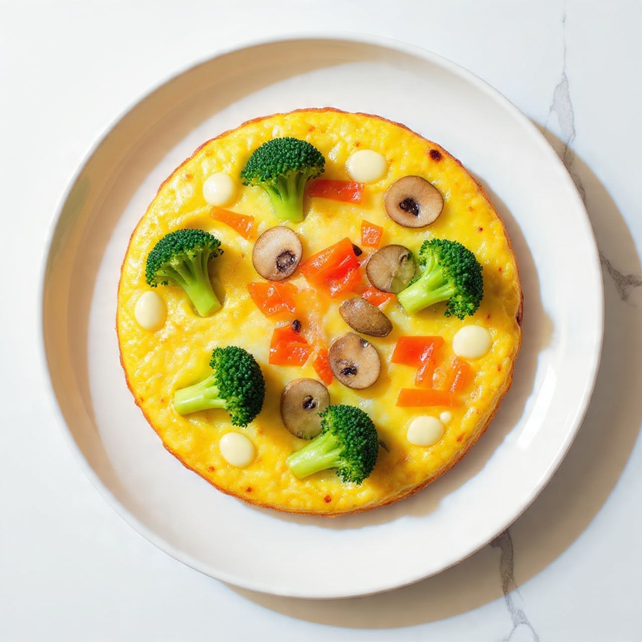 A round frittata sits in the center of a white plate on a white marbled surface. The frittata has a light golden yellow egg base with small pockets of melted cheese visible throughout. On top, there are cooked broccoli florets in dark green with textured surfaces, slices of brown mushrooms with smooth caps, and bright red bell pepper pieces scattered evenly. The edges of the frittata are slightly browned, showing a crisp texture. The lighting highlights the glossy finish of the cooked vegetables and cheese. Photo taken with an iphone --ar 4:5 --v 7