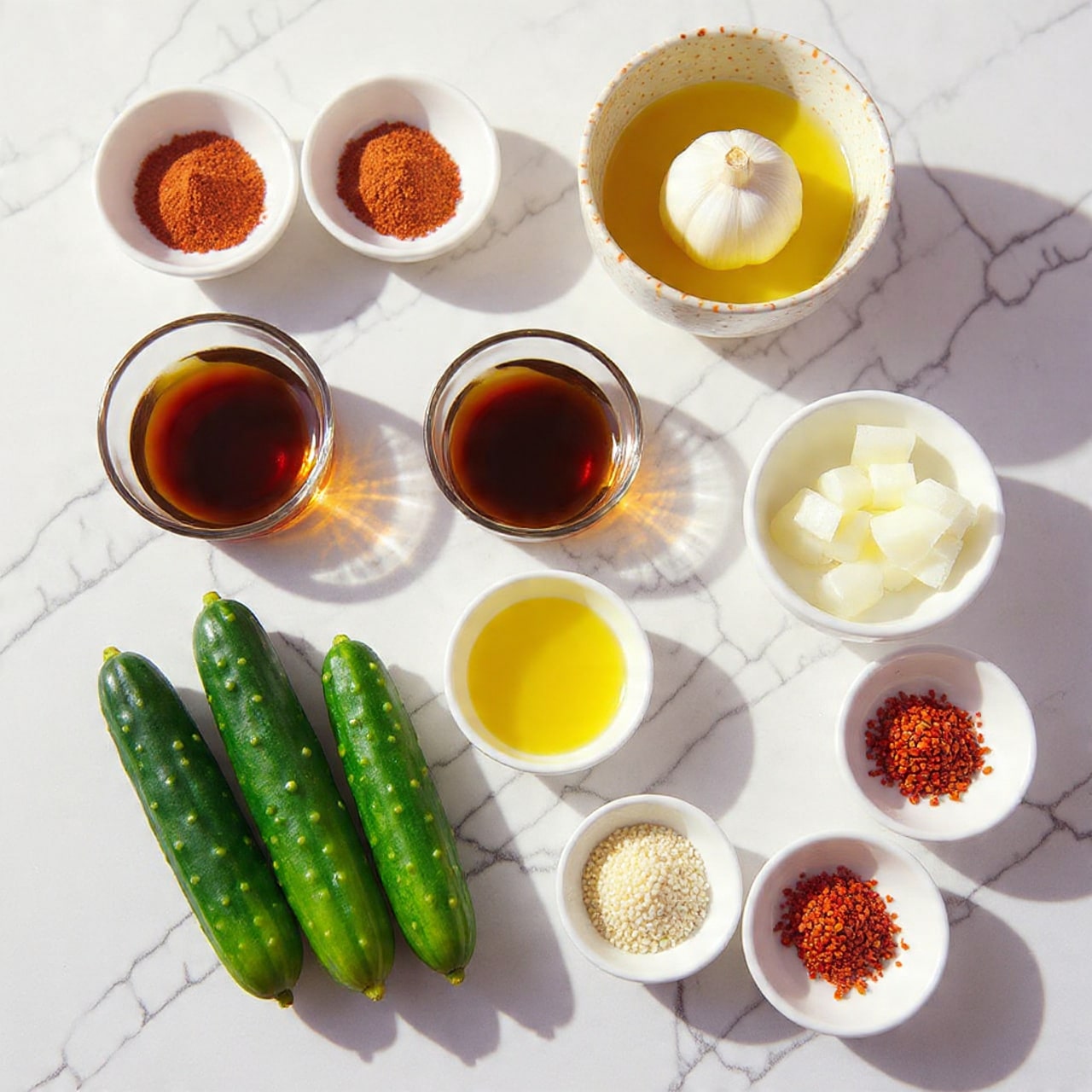 The image shows several ingredients arranged neatly on a white marbled surface. There are three long, dark green cucumbers at the bottom left. To the right of them, there are five small white bowls, three of which have a brown rim, holding different contents: one bowl near the top right has thinly sliced white onions, the middle right bowl holds a creamy white substance, the bottom right bowl is filled with small pale sesame seeds, and the bottom-center bowl contains bright red chili flakes. Above the cucumbers, a small glass bowl holds a dark liquid, likely soy sauce. To the top left of the soy sauce is a speckled beige bowl with a yellow liquid, probably oil, and just above this is a whole garlic bulb. Near the top left corner, two small white bowls contain red spice powders. photo taken with an iphone --ar 4:5 --v 7
