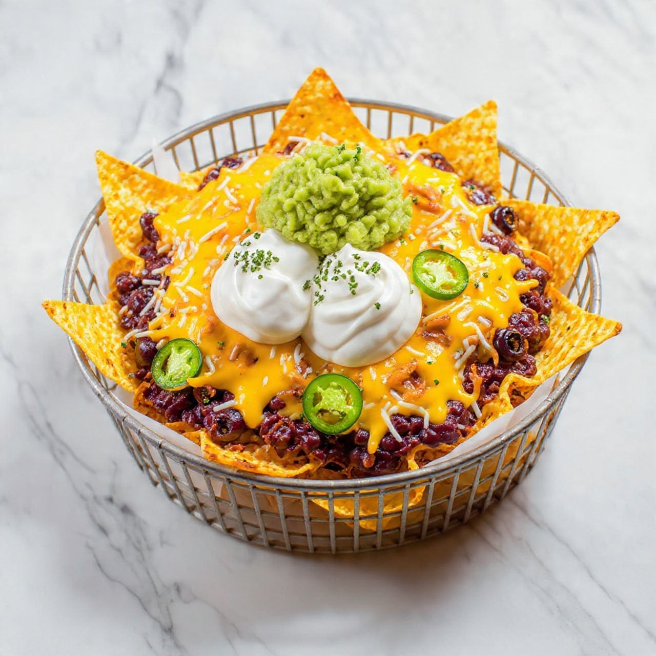 A large white wire basket holds a layered dish starting with crispy, golden tortilla chips as the base. On top of the chips are scattered black beans and sliced black olives, adding dark spots throughout. Melted yellow and white shredded cheese covers many chips, giving a shiny, soft texture. Thin slices of bright green jalapeños are spread evenly, adding fresh color and texture. In the middle, there is a dollop of bright green guacamole with small darker green herb pieces mixed in, topped by a smooth white spoonful of sour cream with finely chopped green herbs sprinkled on top. The dish is set on a white marbled surface. photo taken with an iphone --ar 4:5 --v 7