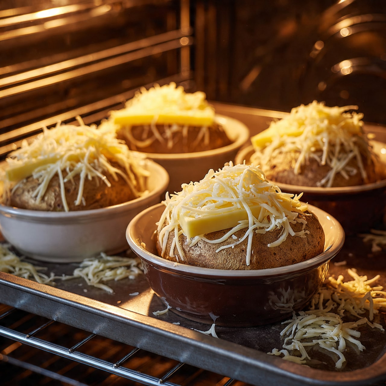 Inside an oven, there are four white and brown bowls placed on a shiny baking tray. Each bowl holds a baked potato with a large yellow slice of cheese resting on top. Over the cheese, a thick layer of finely shredded white cheese is spread evenly, covering the cheese slice and potato completely. Some cheese bits have fallen on the tray around the bowls. The oven’s warm light shines down, giving the scene a cozy, golden glow. photo taken with an iphone --ar 4:5 --v 7